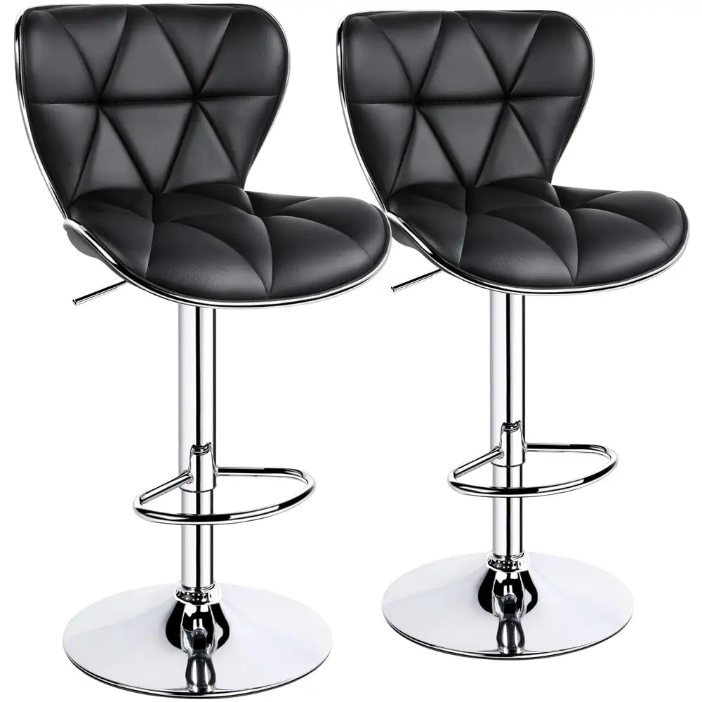 Topeakmart 2pcs Adjustable Bar Stools PU Leather Swivel Bar Chair with Shell Back. Black