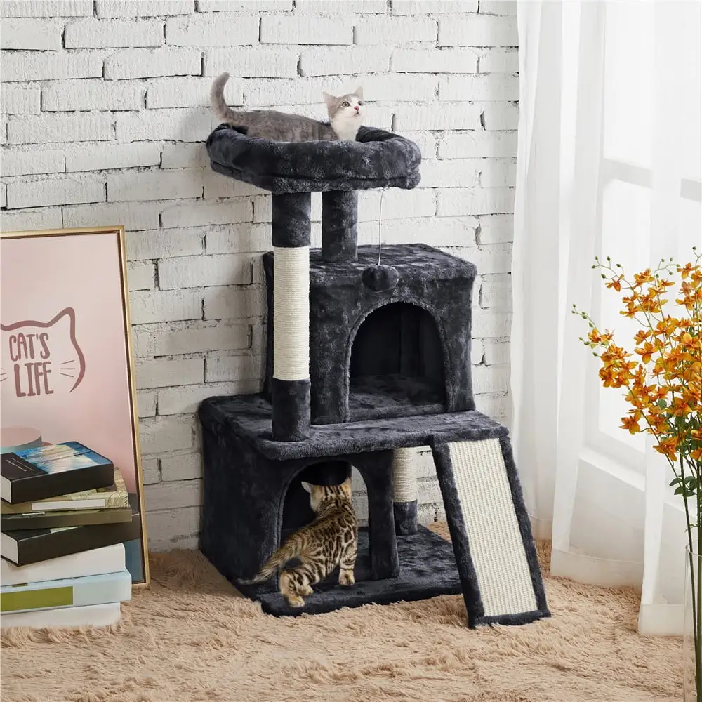 Topeakmart 36'' H Multilevel Cat Tree Condos Cat House with Scratching Posts Sisal Rope Furry Ball. Black