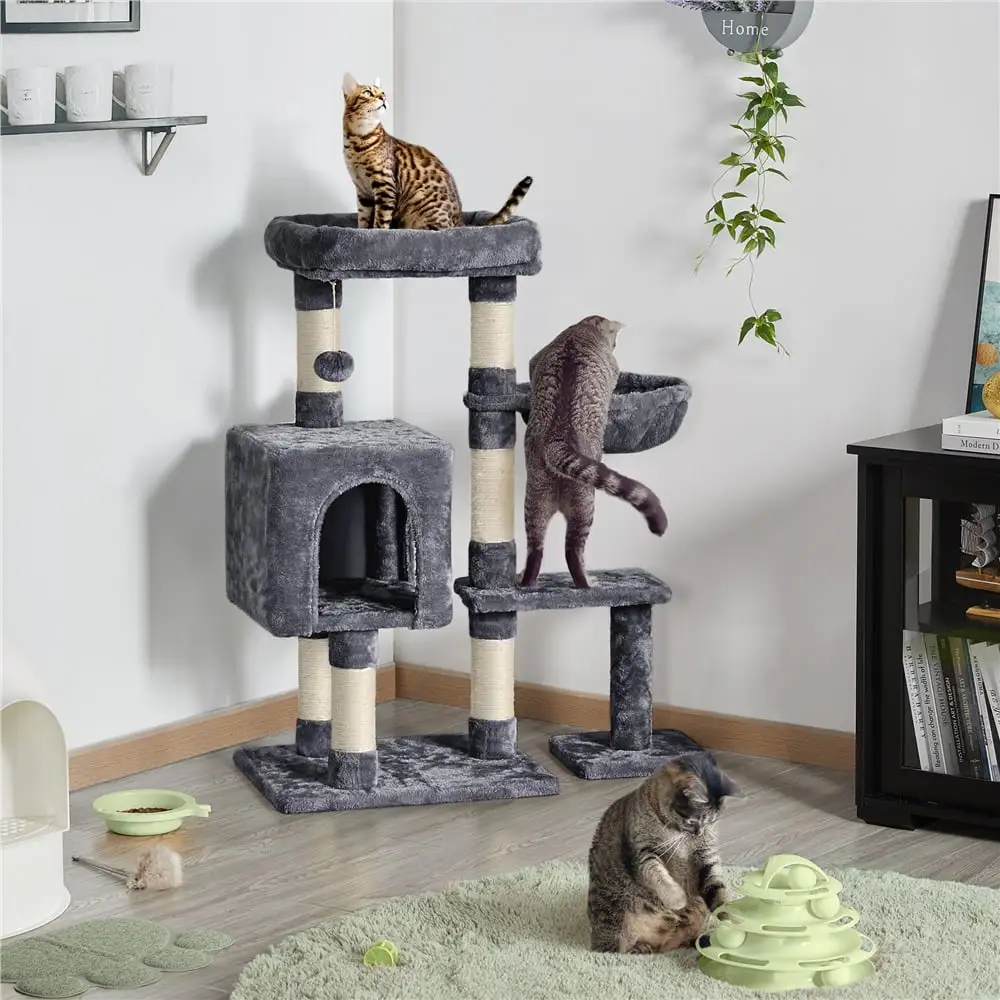 Topeakmart 38-in Cat Tree Scratching Post Tower with Plush Perch and Basket. Dark Gray