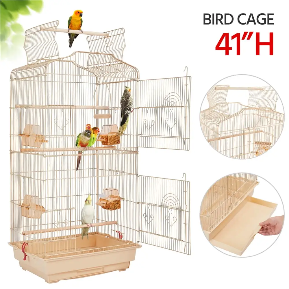 Topeakmart 41'' H Open Top Metal Birdcage Parrot Cage with Feeders. Almond