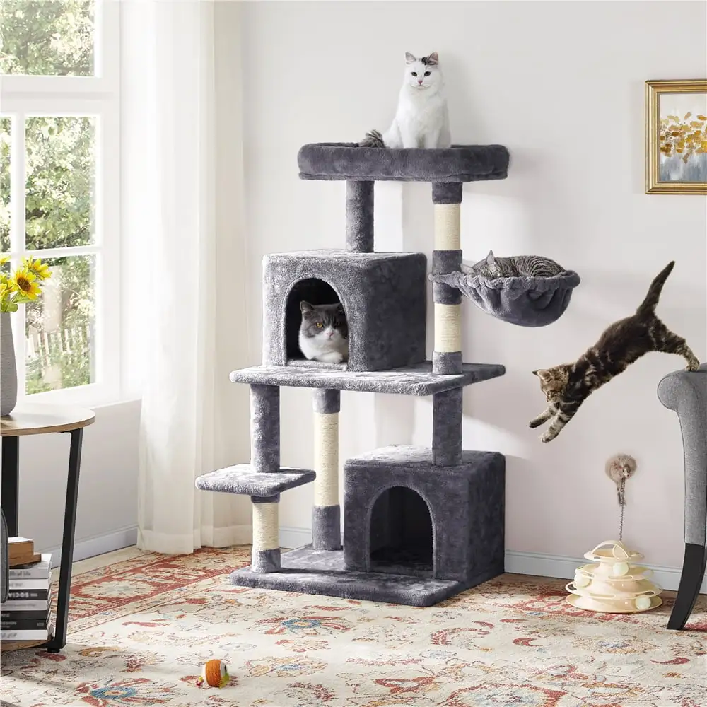 Topeakmart 46.5in Multilevel Cat Tree Condo Scratching Post Tower with Basket. Dark Gray