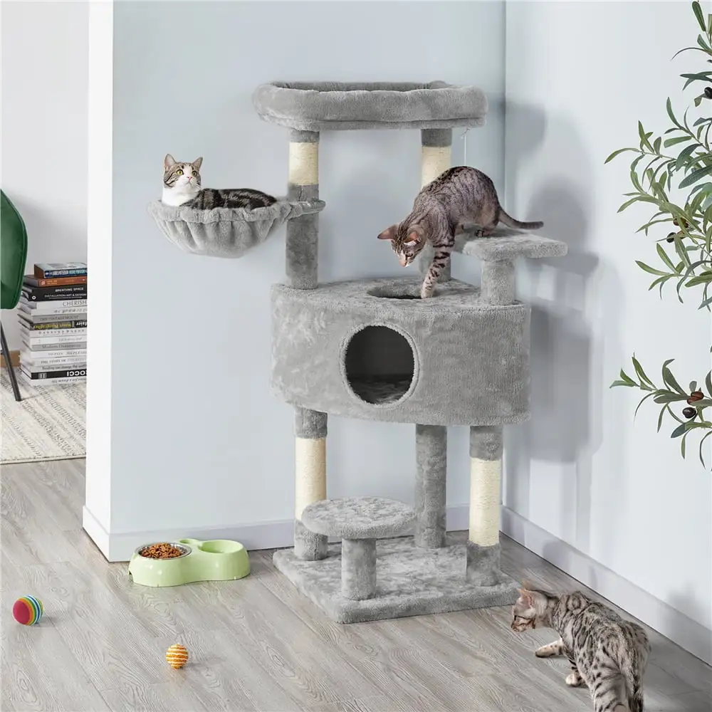 Topeakmart 46inch Multilevel Cat Tree Big Plush Cat Condo Scratching Posts with Basket. Light Gray