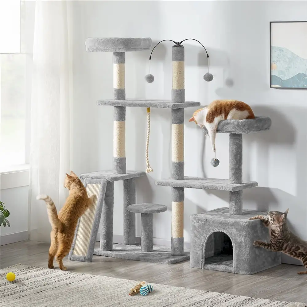 Topeakmart 53.5inch Multilevel Cat Tree Condo Scratching Posts with Dangling Balls Ramp. Light Gray