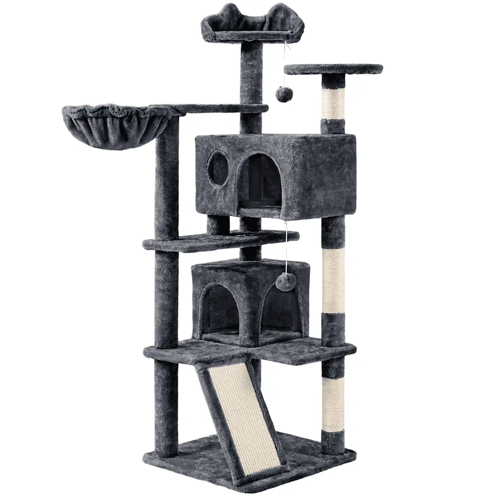 Topeakmart 57''H Cat Tree Tower Cat Tree with 2 Condos & Scratching Posts/Ramp Dark Gray