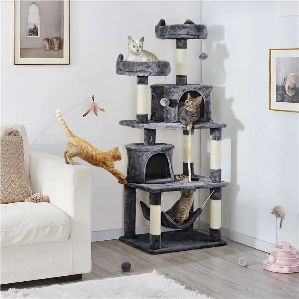 Topeakmart 62.2'' H Multi Level Cat Tree Tower with Condos Foam-Padded Perches. Dark Gray