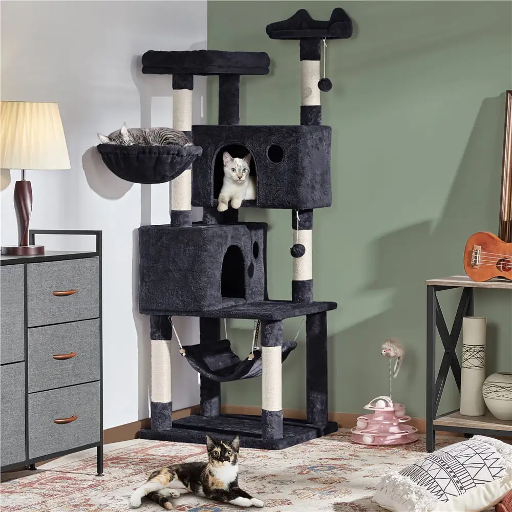 Topeakmart 64.5in Multi-level Large Cat Tree Condo Tower with Hammock Scratching Posts & Hammock. Black