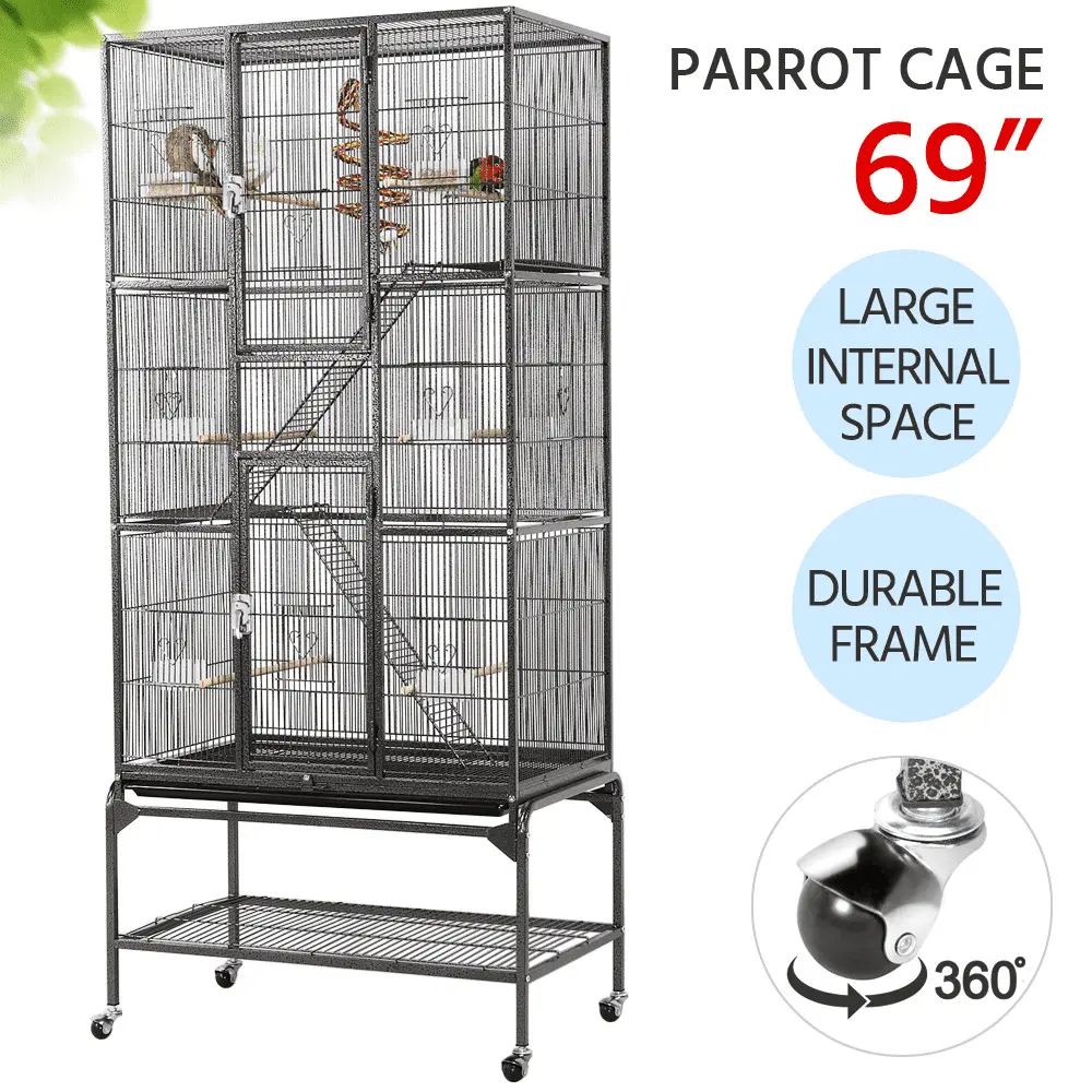 Topeakmart 69''H Extra Large Rolling Metal Parrot Cage Small Animal Cage with Detachable Stand and Ladders. Black