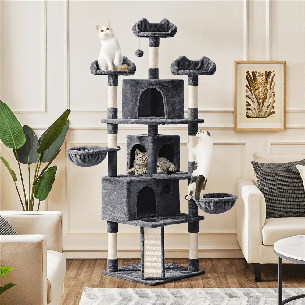 Topeakmart 76.5 H Multilevel Large Cat Tree Scratching Post Tower with 3 Condos & 2 Baskets. Dark Gray