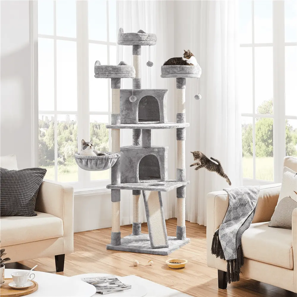 Topeakmart 76''H Multilevel Large Cat Tree Scratching Post Tower with Condos & Basket Light Gray