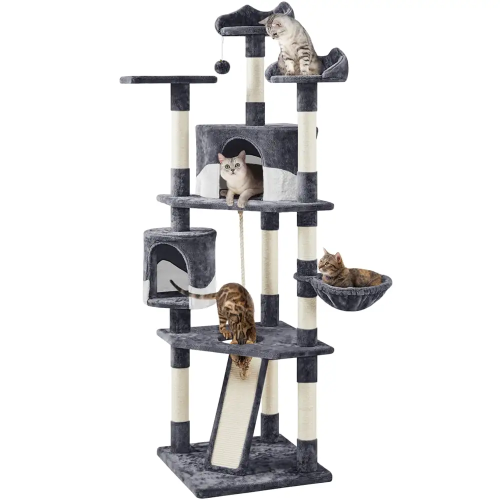 Topeakmart 79'' Multilevel Cat Tree with Basket Scratching Posts Ramp. Dark Gray & White