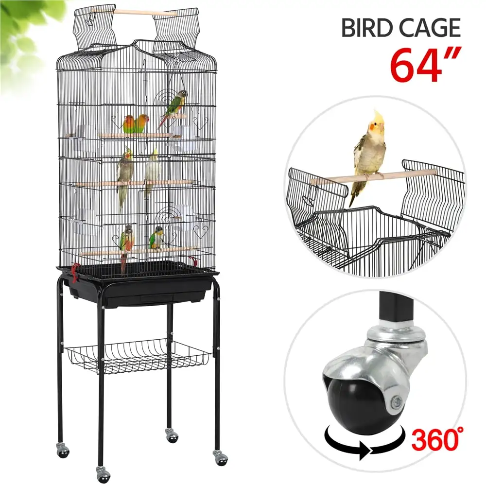 Topeakmart Metal Bird Cage with Stand. Black. 64. Open Top