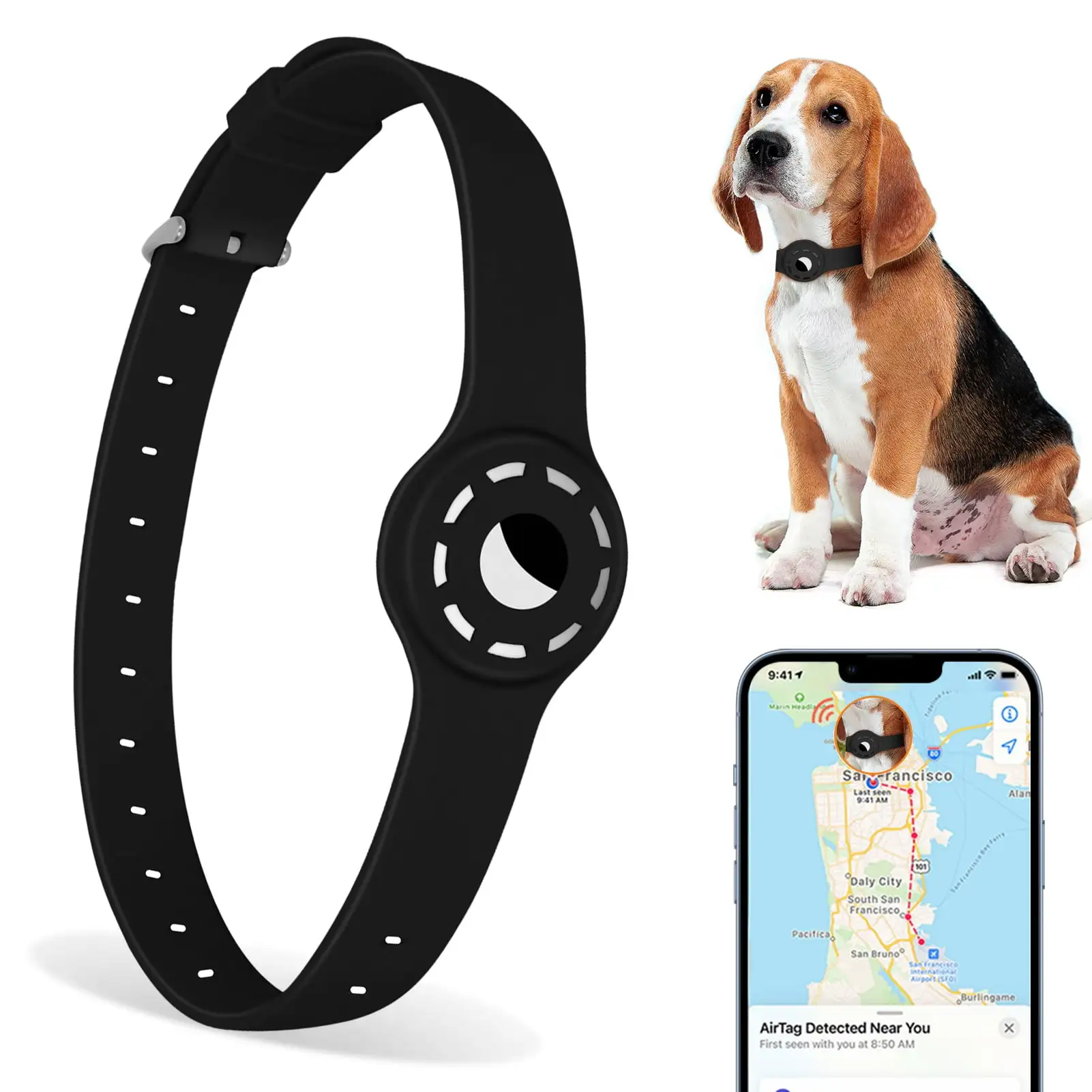 Toplive Airtag Dog Collar. Adjustable Dog Collar. Pet Collar with Apple Airtag Dog Collar Holder. Soft silicone waterproof Dog Collar. Comfortable for Medium Large Dogs Pets Black