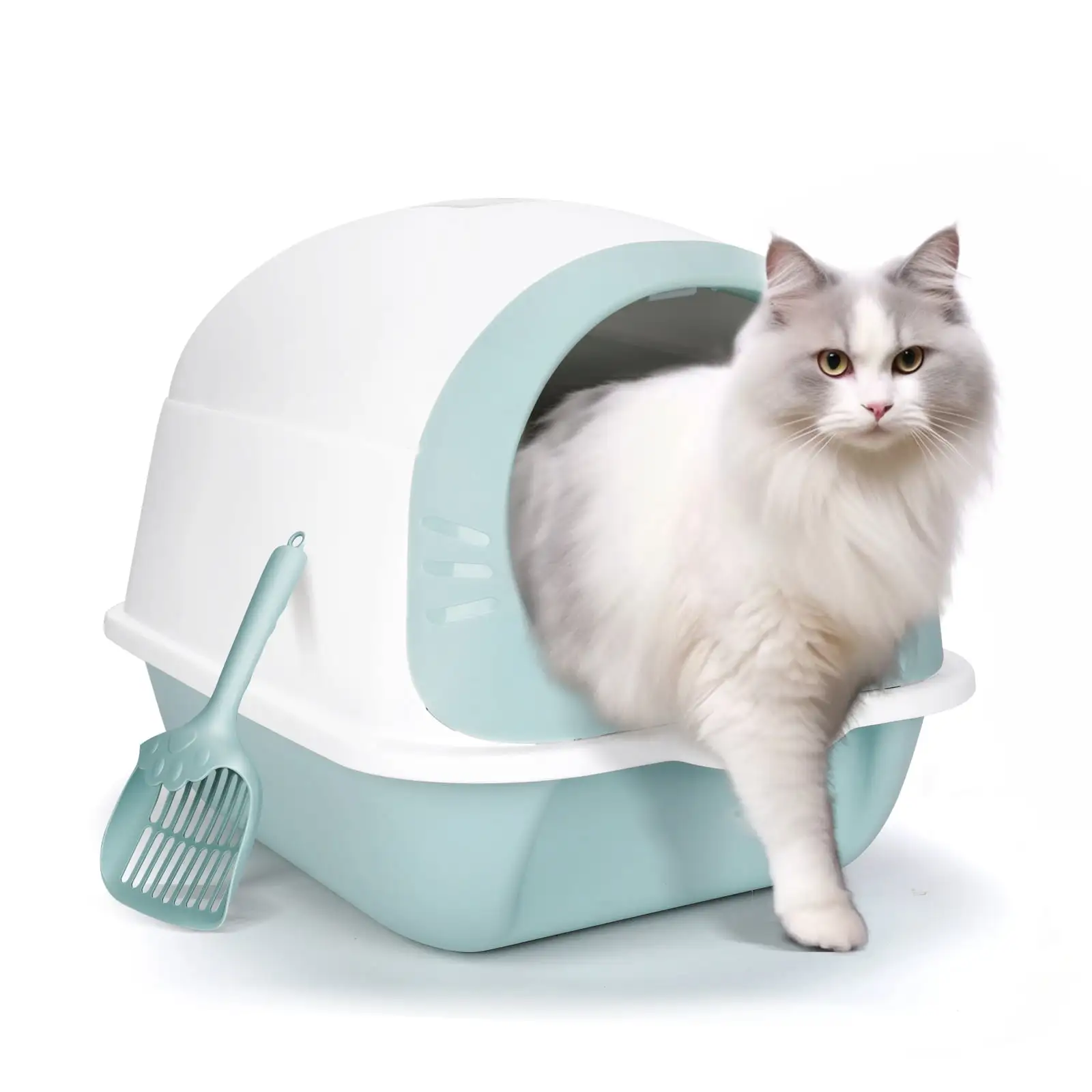 Topmart Enclosed Cat Litter Box with Flap-Entry Hood.Hooded Litter Box.White/Green