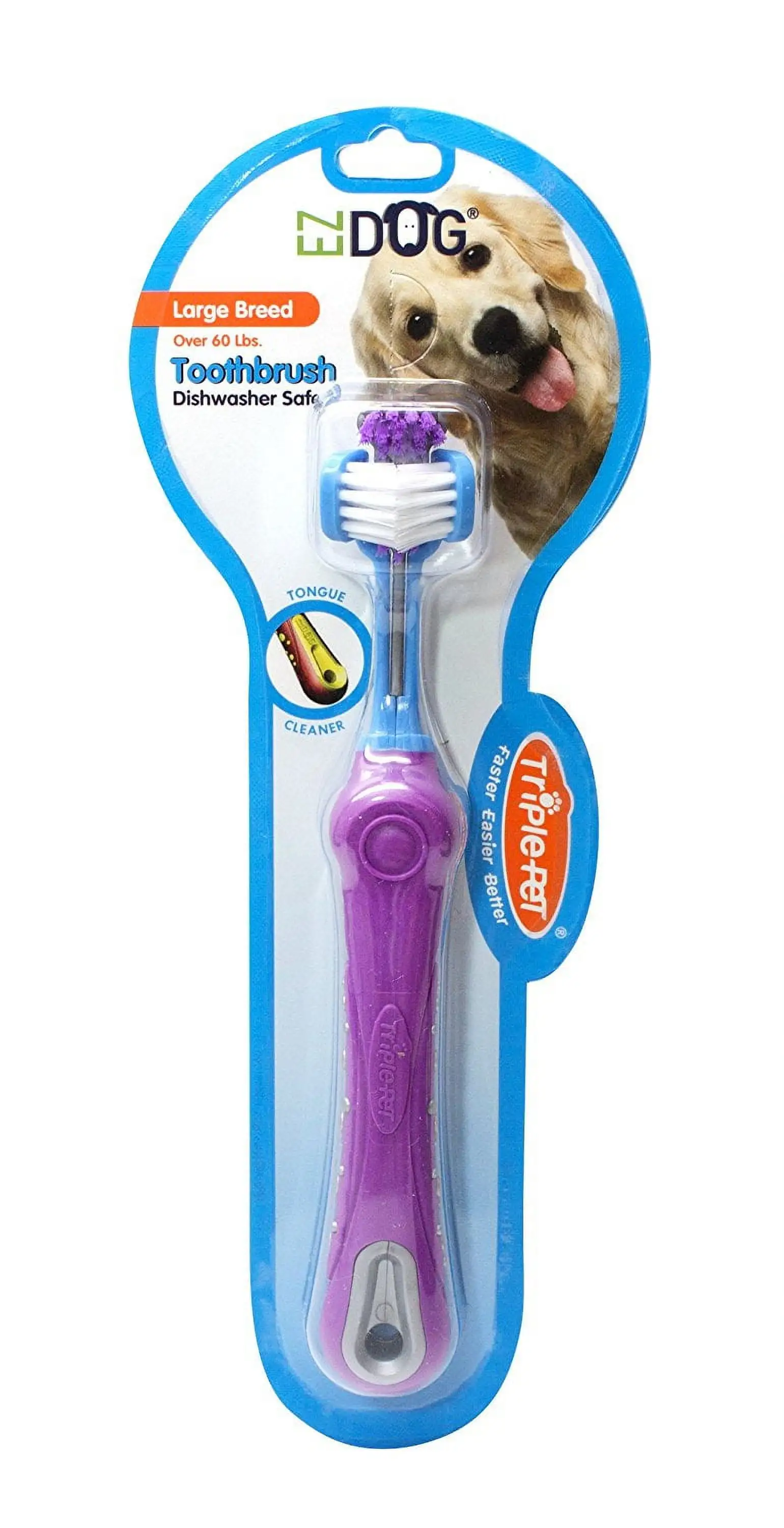 Triple Pet EZ Dog Three Sided Dog Toothbrush Dental Care. Large Breeds