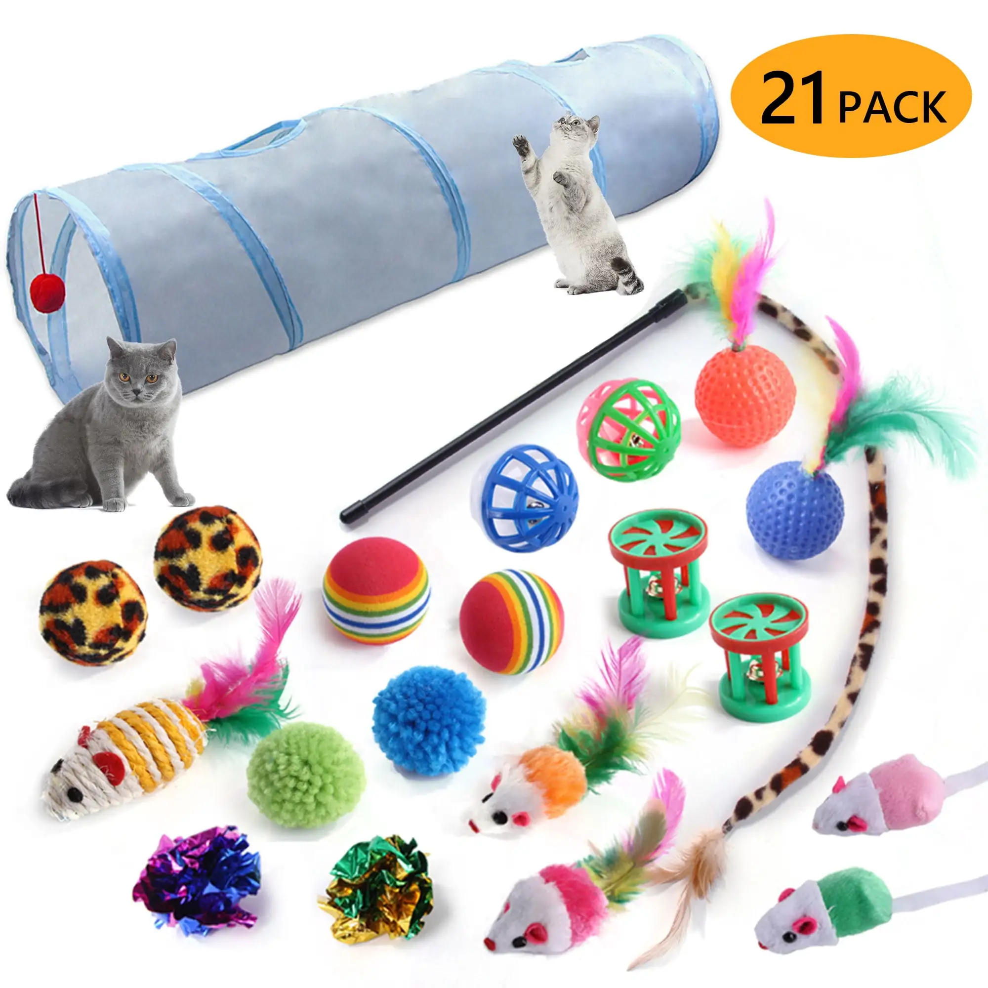 Tripumer 21PCS Cat Toys Kitten Toys Combination Tunnel Interactive Grayish Blue 2 Way Cat Toys Cat Tunnel Tease Cat Stick Colorful Mouse Plush Ball Bell Ball for Cats