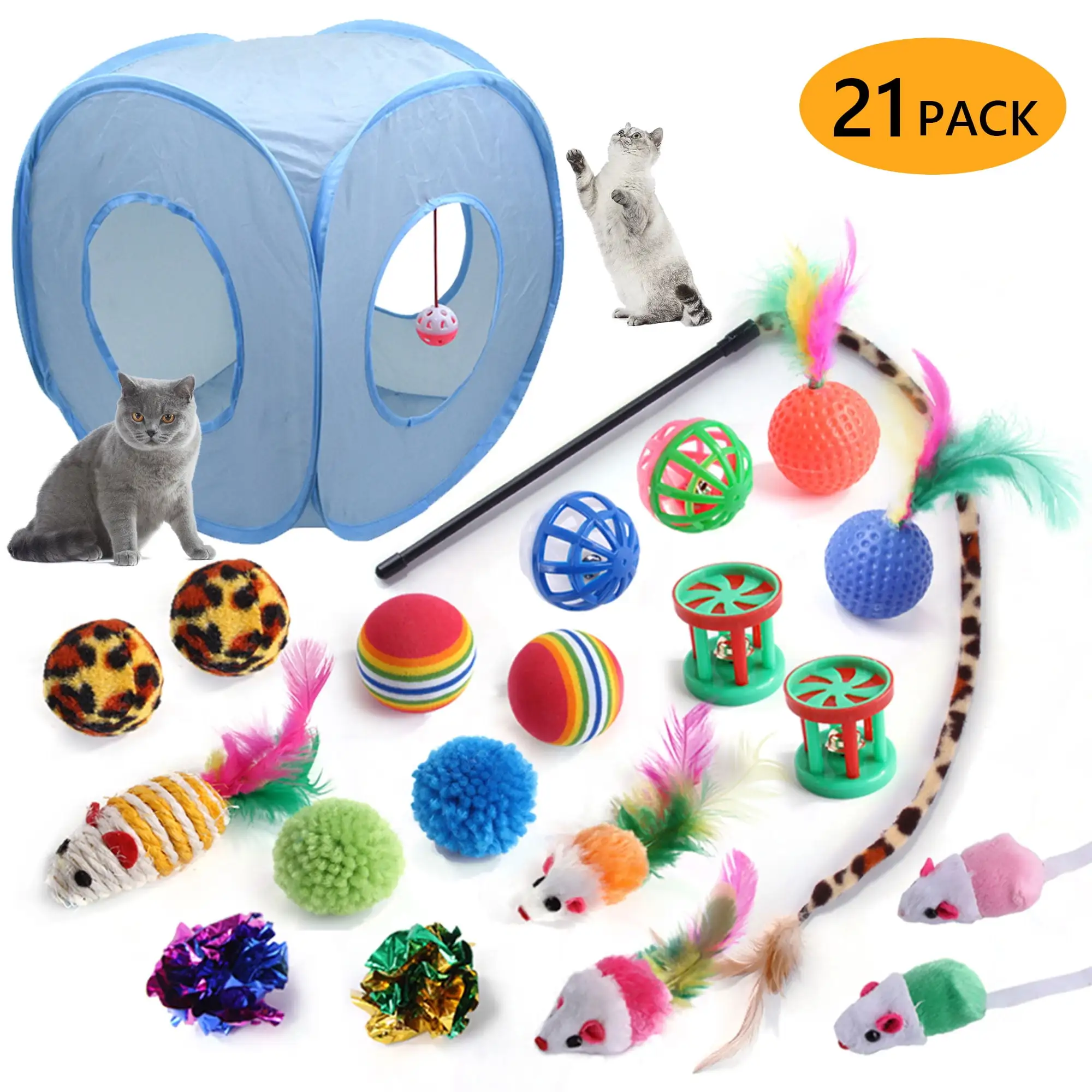 Tripumer 21PCS Cat Toys Kitten Toys Combination Tunnel Interactive Grayish Blue Cat Toys Cat Tunnel Tease Cat Stick Colorful Mouse Plush Ball Bell Ball for Cats