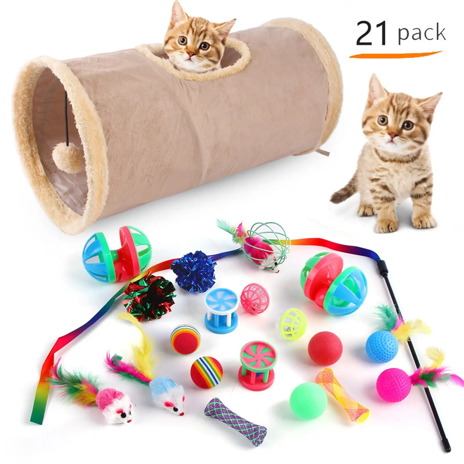 Tripumer 21PCS Cat Toys Kitten Toys Combination Tunnel Interactive Cat Toys Plush Cat Tunnel Tease Cat Stick Colorful Mouse Spring Bars Bell Ball for Cats