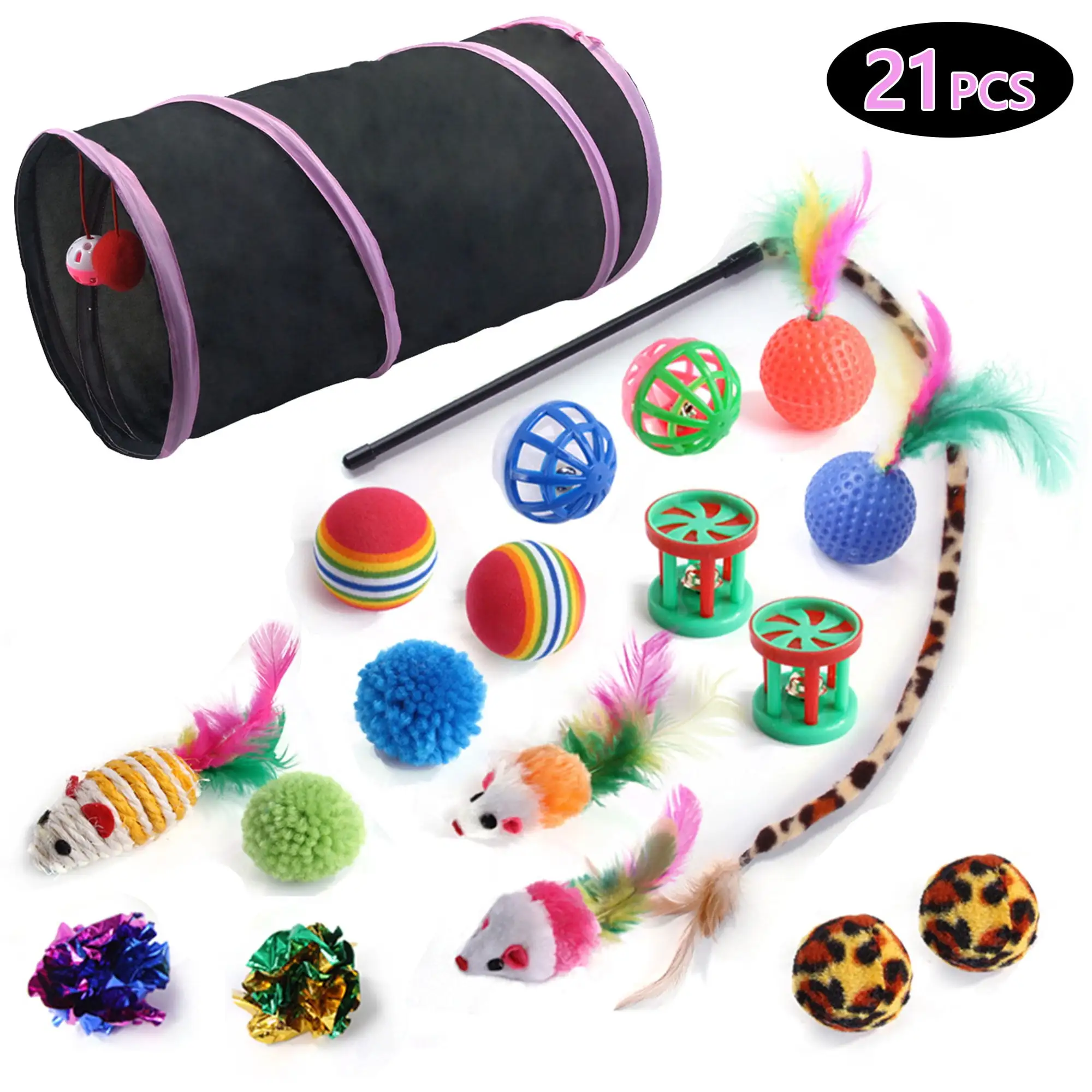 Tripumer 21Pcs Cat Toys Kitten Toy Set Tunnel Interactive Cat Toys Black Samll Cat Tunnel Leopard Print Teasing Stick Fluffy Mouse Crinkle Ball for Cats