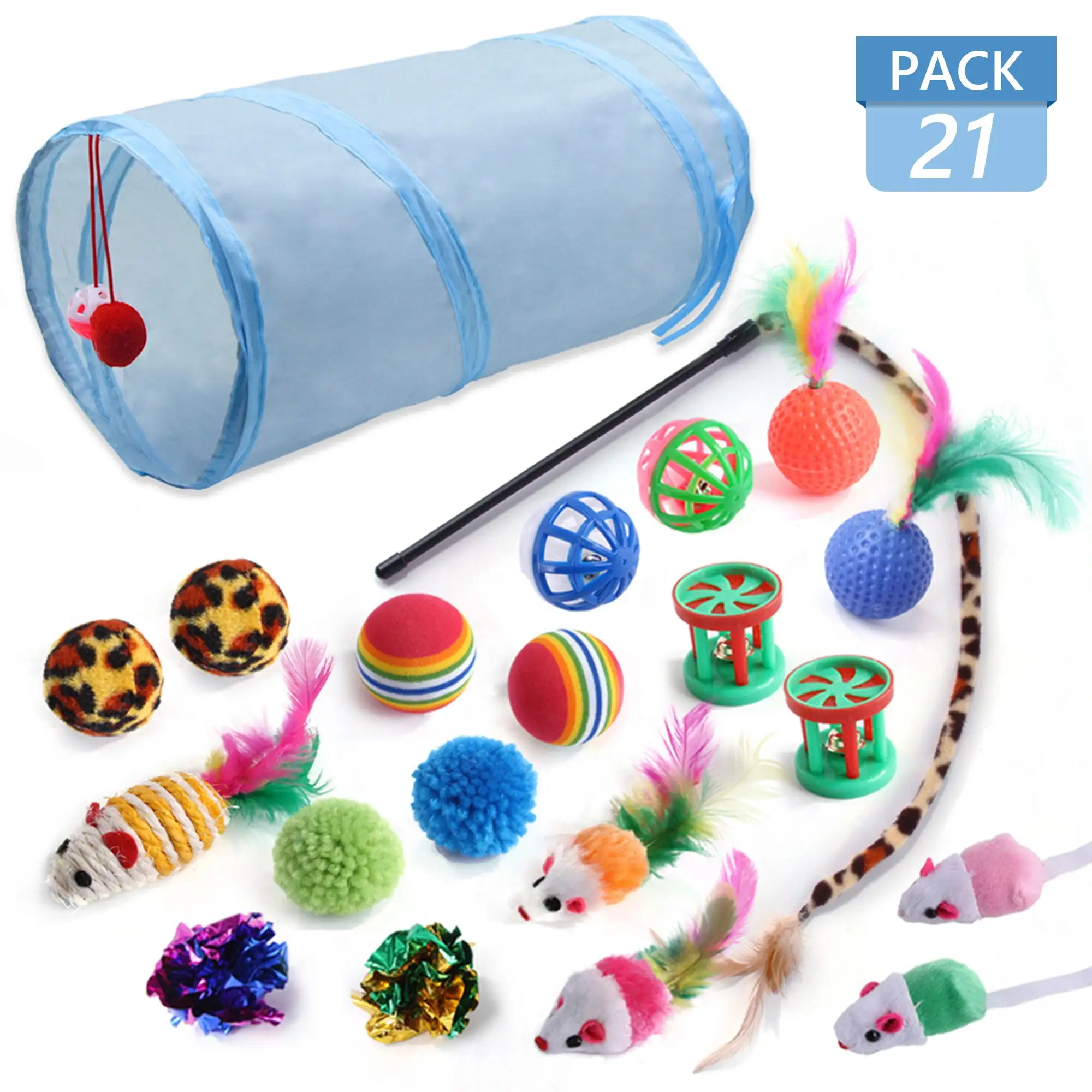 Tripumer 21Pcs Cat Toys Kitten Toy Set Tunnel Interactive Cat Toys Grayish Blue Folding Cat Tunnel Teaser Stick Spring Fluffy Mouse Crinkle Ball For Kittens Bunnies Puppies