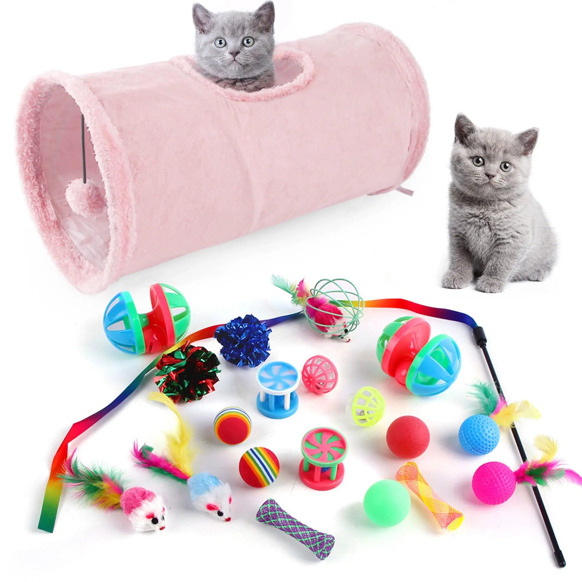 Tripumer 21Pcs Cat Toys Kitten Toy Set Tunnel Interactive Cat Toys Plush Cat Folding Tunnel Teaser Stick 7 Colourful Mouse for Cats. Rabbits. Kittens. Puppies and Small Pets (Rose)