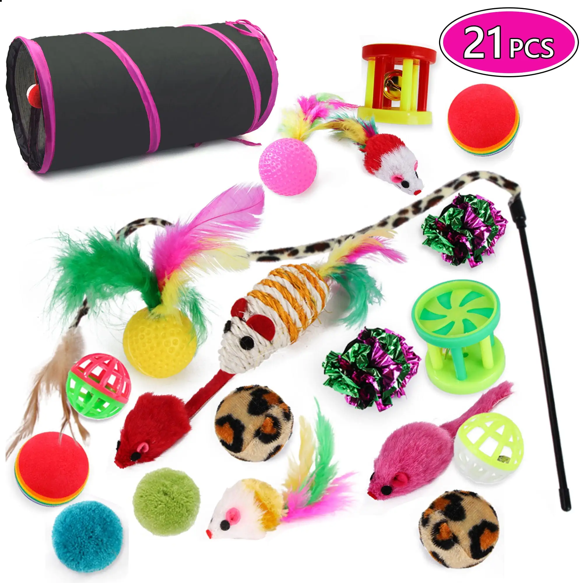 Tripumer 21Pcs Cat Toys Kitten Toy Set Tunnel Interactive Cat Toys Rose Kitten Tunnel Leopard Print Teasing Stick Fluffy Mouse For Cats Rabbits Puppies