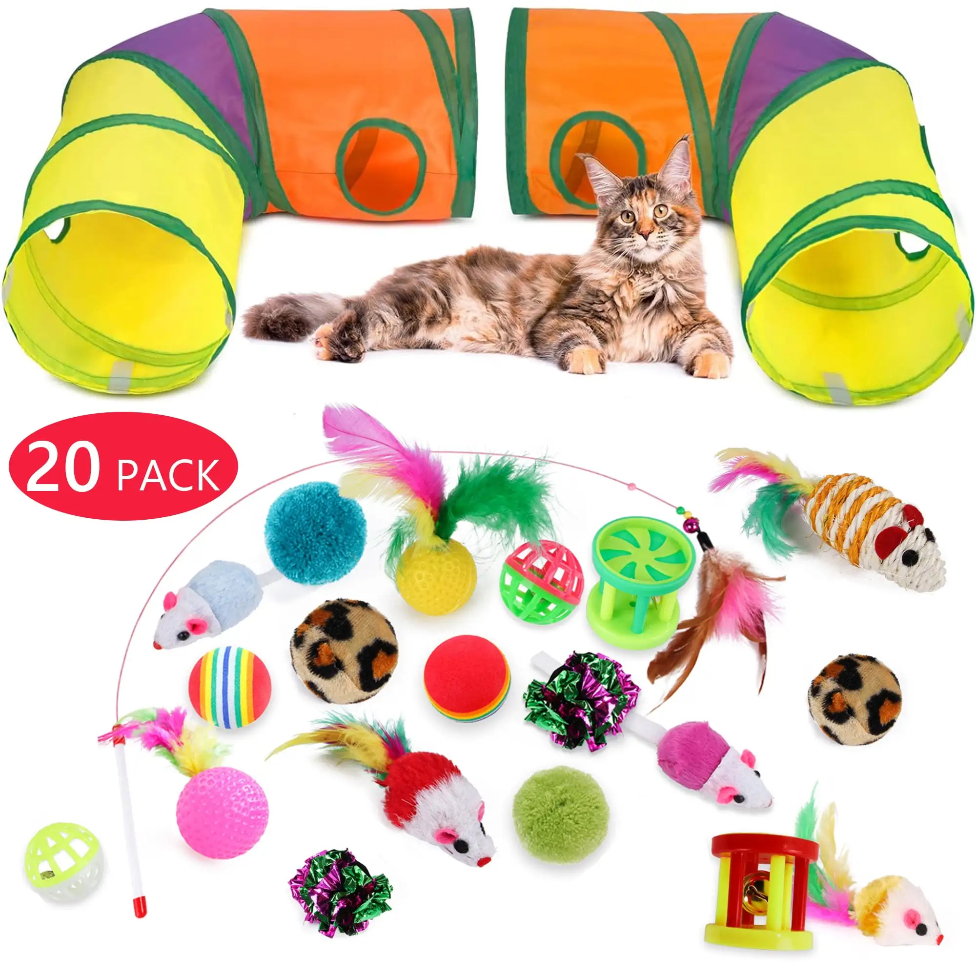 Tripumer 22Pcs Cat Toys Kitten Toy Set 2pcs Collapsible L-Shaped Tunnel Toys Puppy Interactive Toys Teaser Stick Feather Toys Kit Suitable for Play Hide and Seek Training Kitten Bunny Exercise