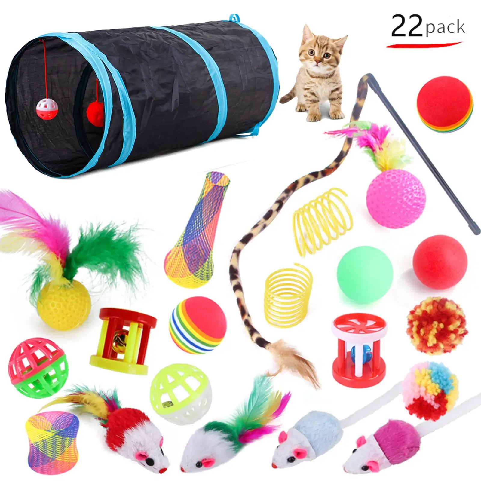 Tripumer 22Pcs Cat Toys Kitten Toy Set Tunnel Interactive Cat Toys Cat Tunnel Leopard Print Teasing Stick Fluffy Mouse Crinkle Ball for Cats Play-Black