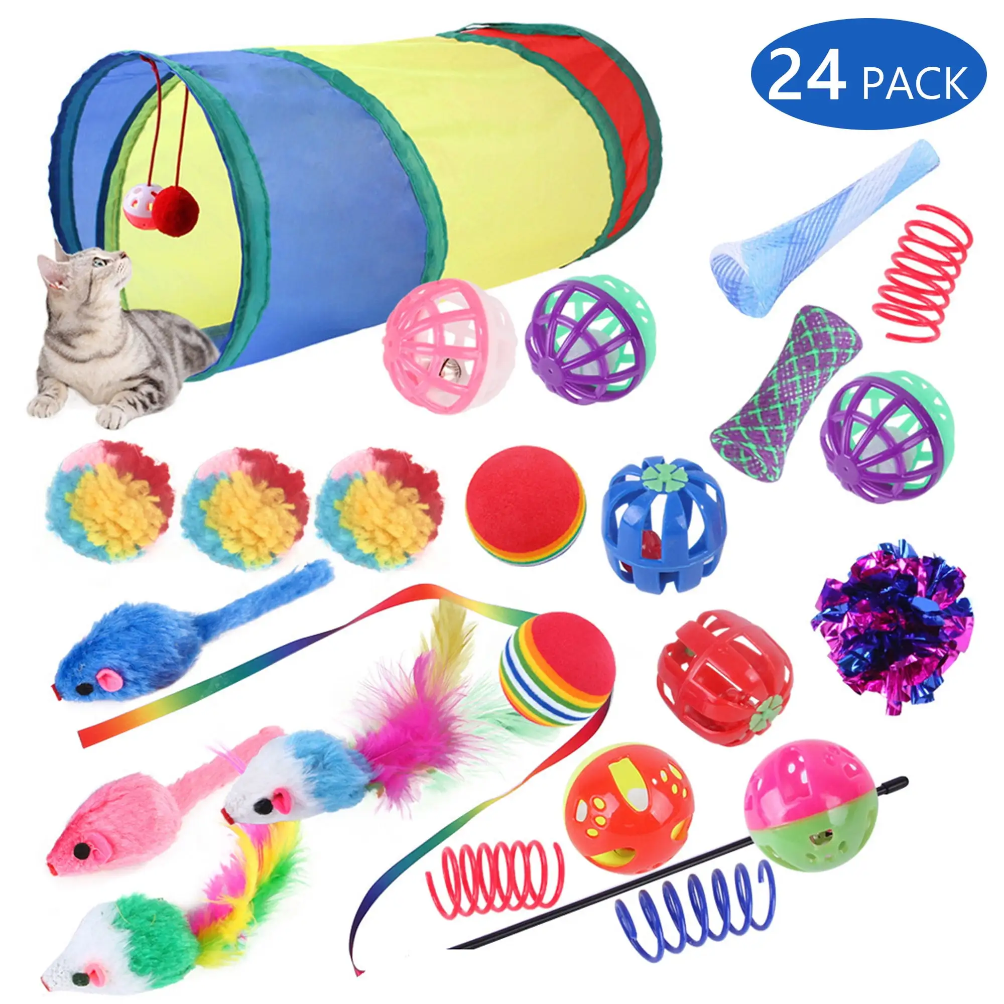 Tripumer 24Pcs Cat Toys Kitten Toy Set Colourfull Two- way Cat Tunnel Tunnel Interactive Cat Toys Teaser Stick Feather Toy Kit Suitable for Play Hide and Seek Training Kitten Bunny Exercise