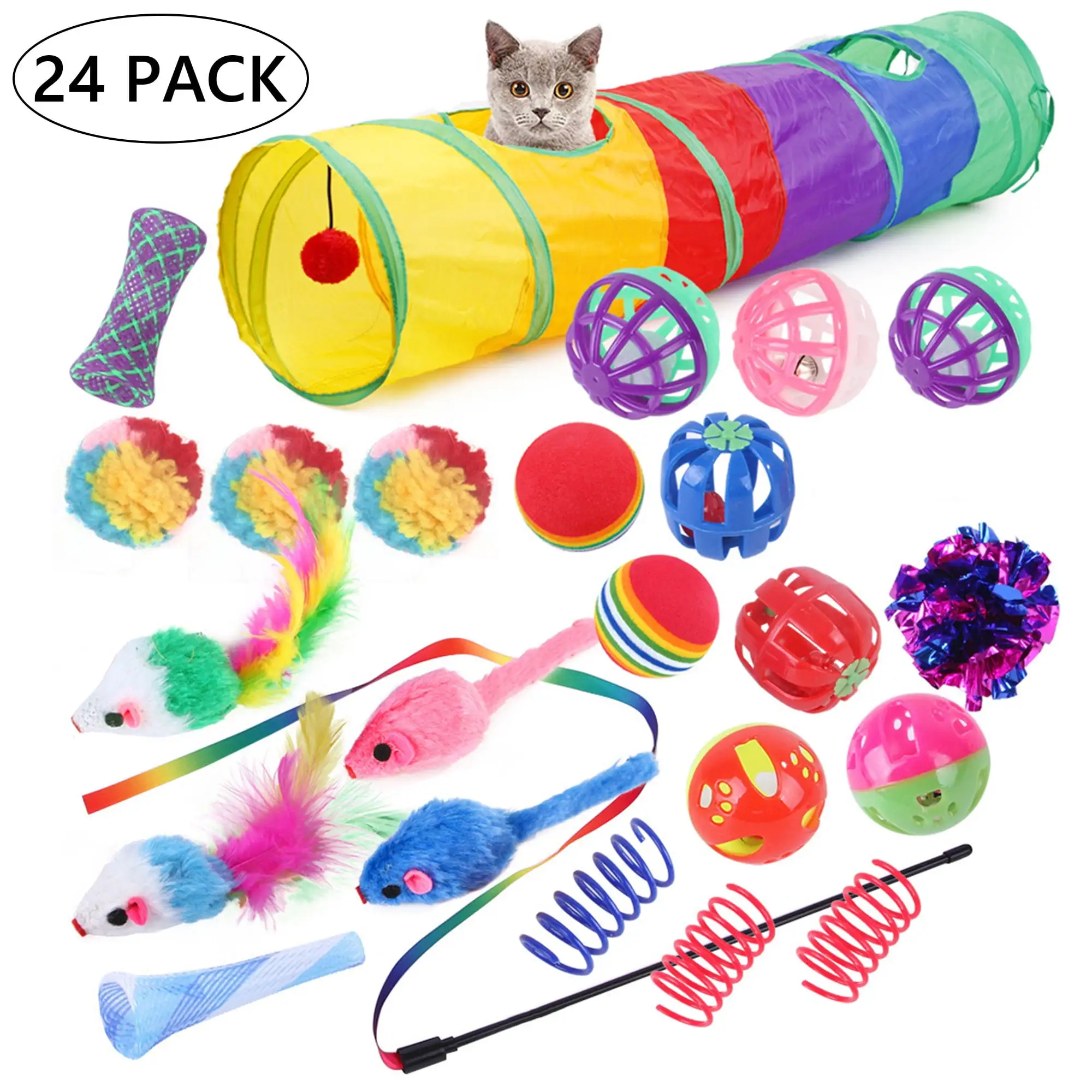 Tripumer 24Pcs Cat Toys Kitten Toy Set colourfull 2 Way Cat Tunnel Tunnel Interactive Cat Toys Teaser Stick Spring Feather Toy Kit For Kittens Bunnies Puppies