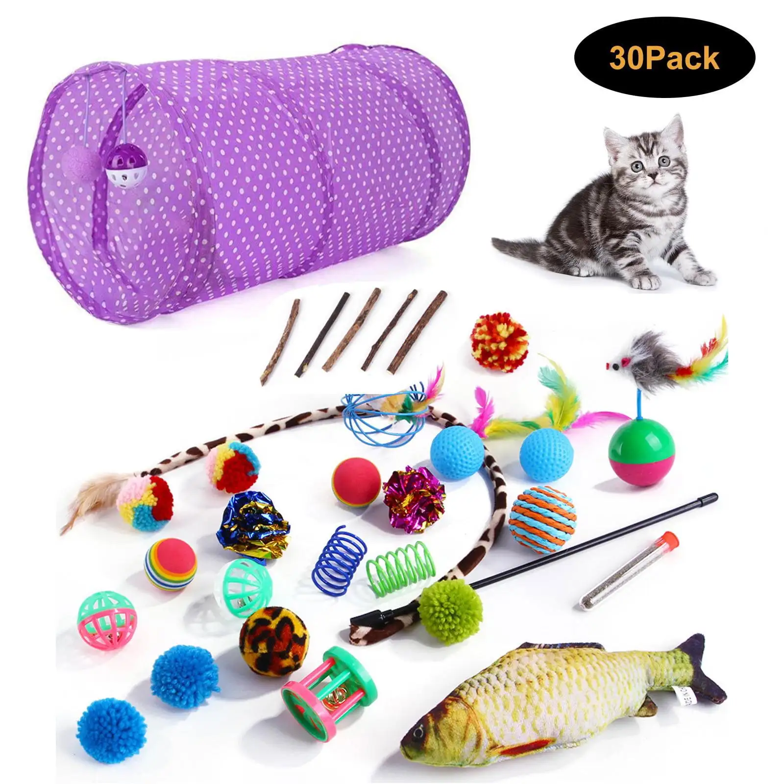 Tripumer 30Pcs Cat Toys Kitten Toy Set Tunnel Interactive Cat Toys Cat Tunnel Cat Teething Stick Fluffy Mouse Crinkle Ball for Cats