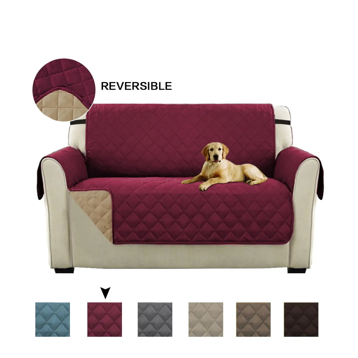 Turquoize 1-Piece Original Water Repellent Reversible Quilted Loveseat Pet Cover Protector. Burgundy