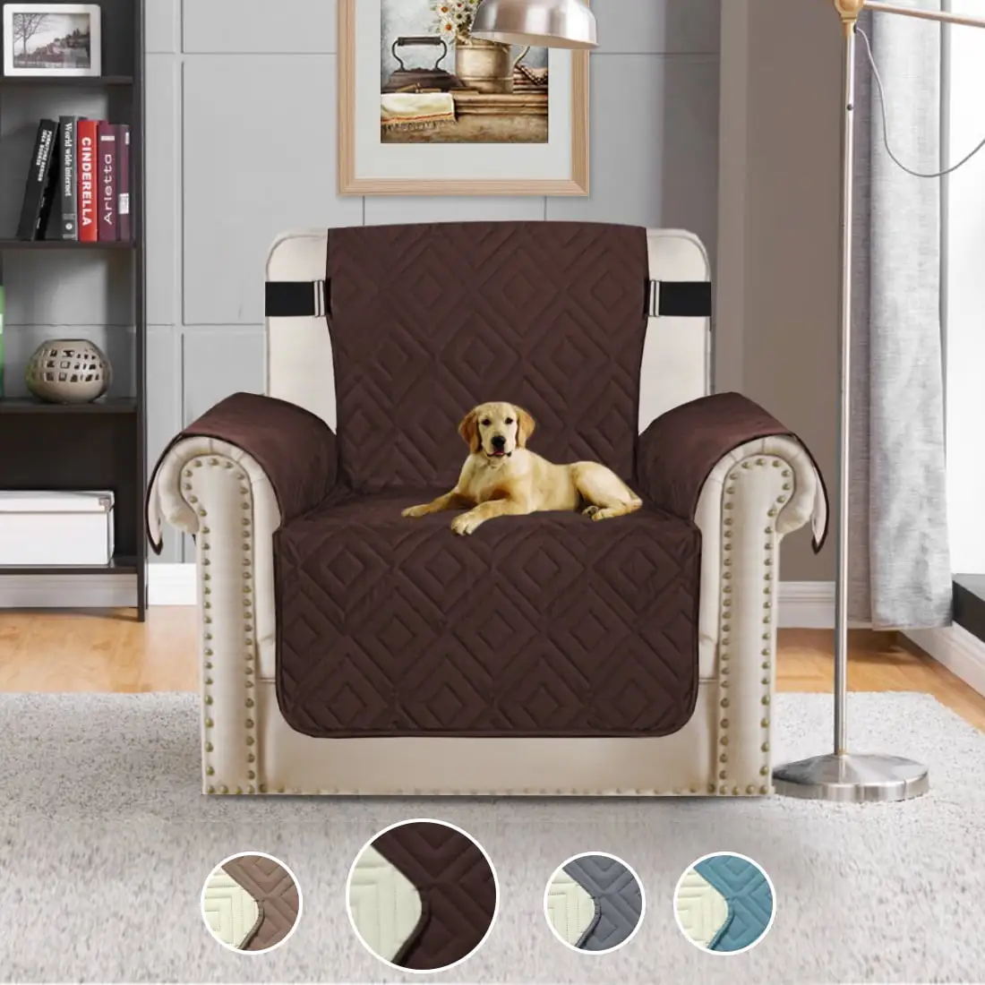 Turquoize 1-Piece Upgraded Diamond Pattern Reversible Quilted Recliner Pet Cover Protector. Brown