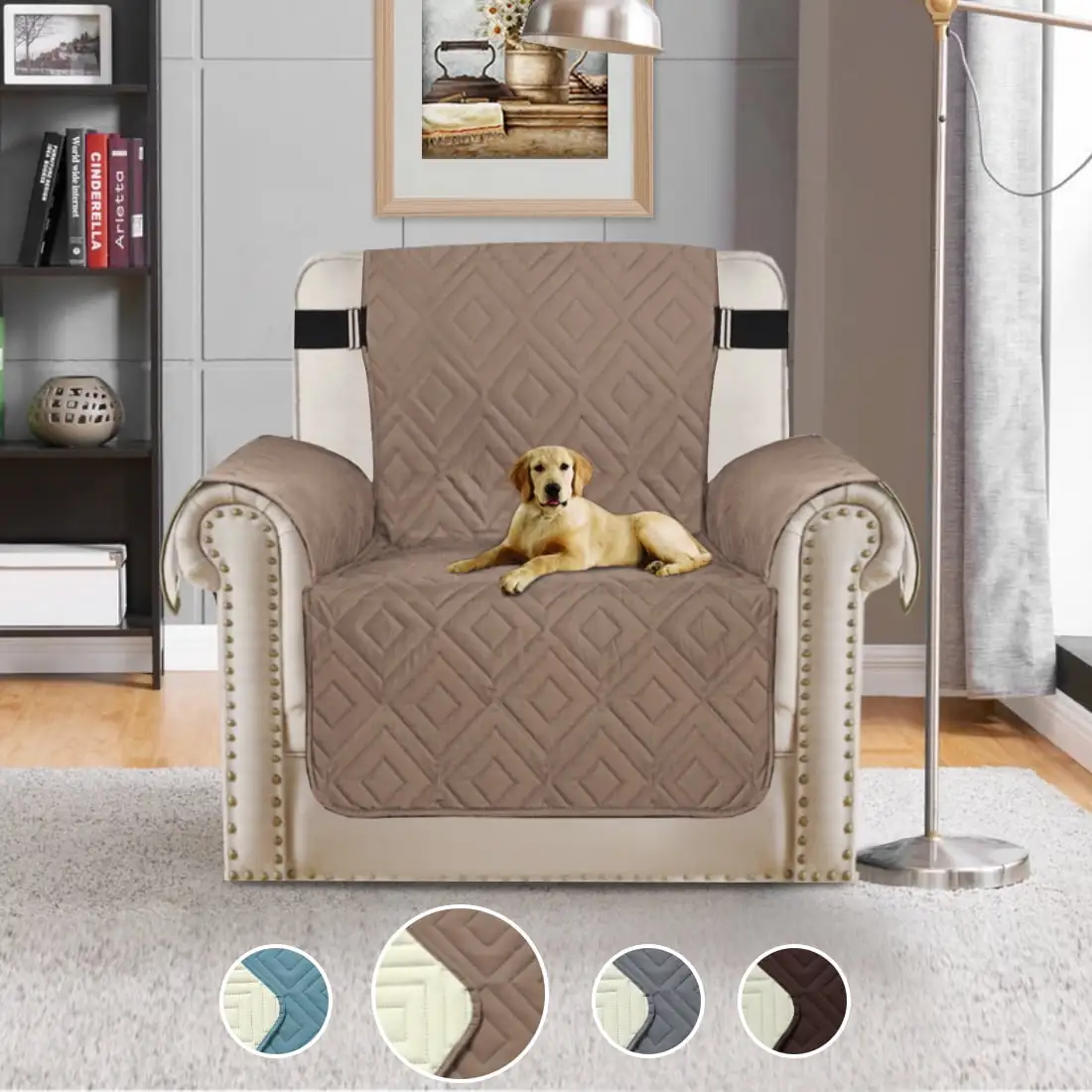 Turquoize 1-Piece Upgraded Diamond Pattern Reversible Quilted Recliner Pet Cover Protector. Taupe