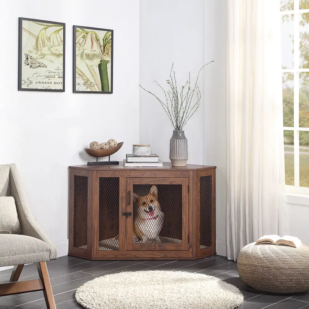 Unipaws Corner Dog Crate. Dog Crate furniture with Cushion. Dog Kennel with Wood and Mesh. Dog House for Limited Room (Medium. Walnut)