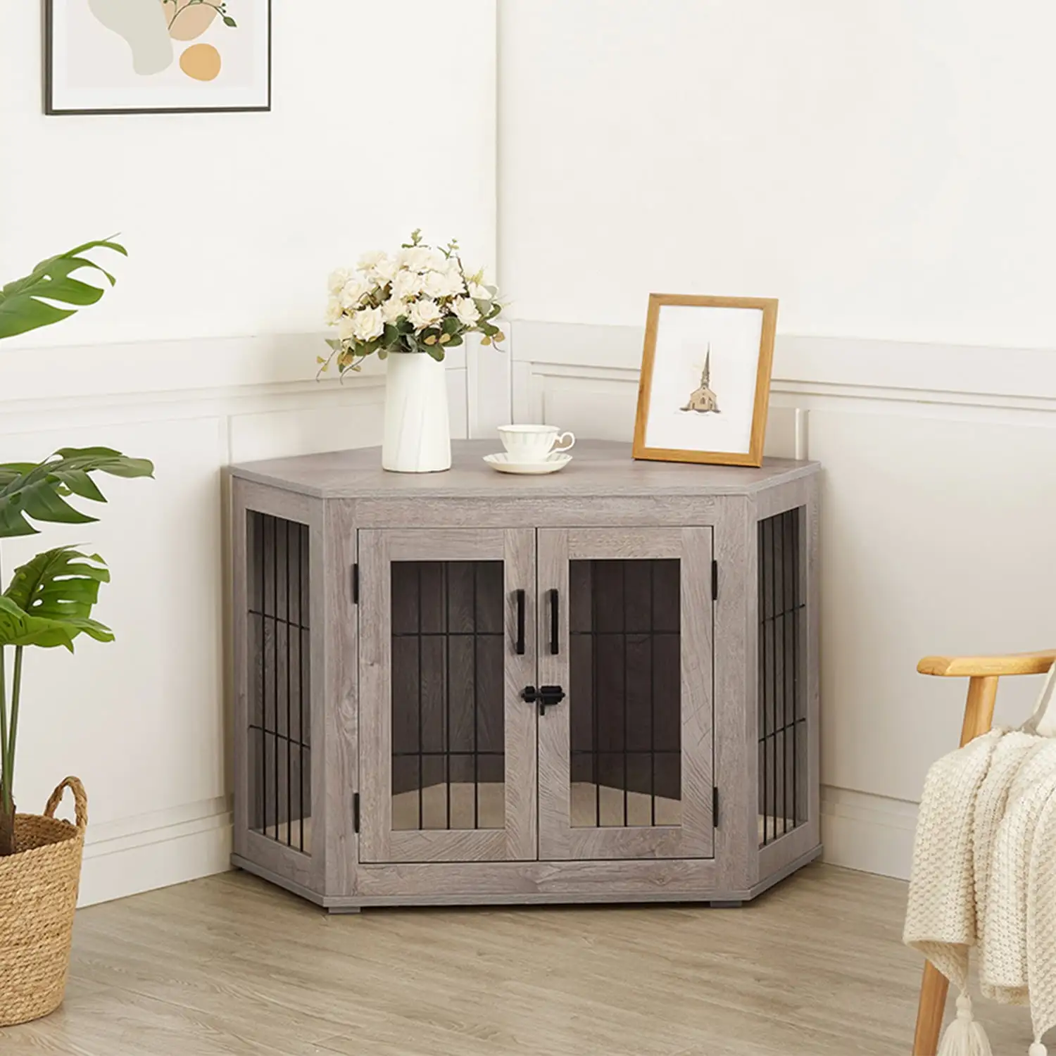 Unipaws Corner Dog Crate Furniture. Wooden Dog Kennel for Dogs Puppy. Pet Crate for Limited Room. Medium. Weathered Gray