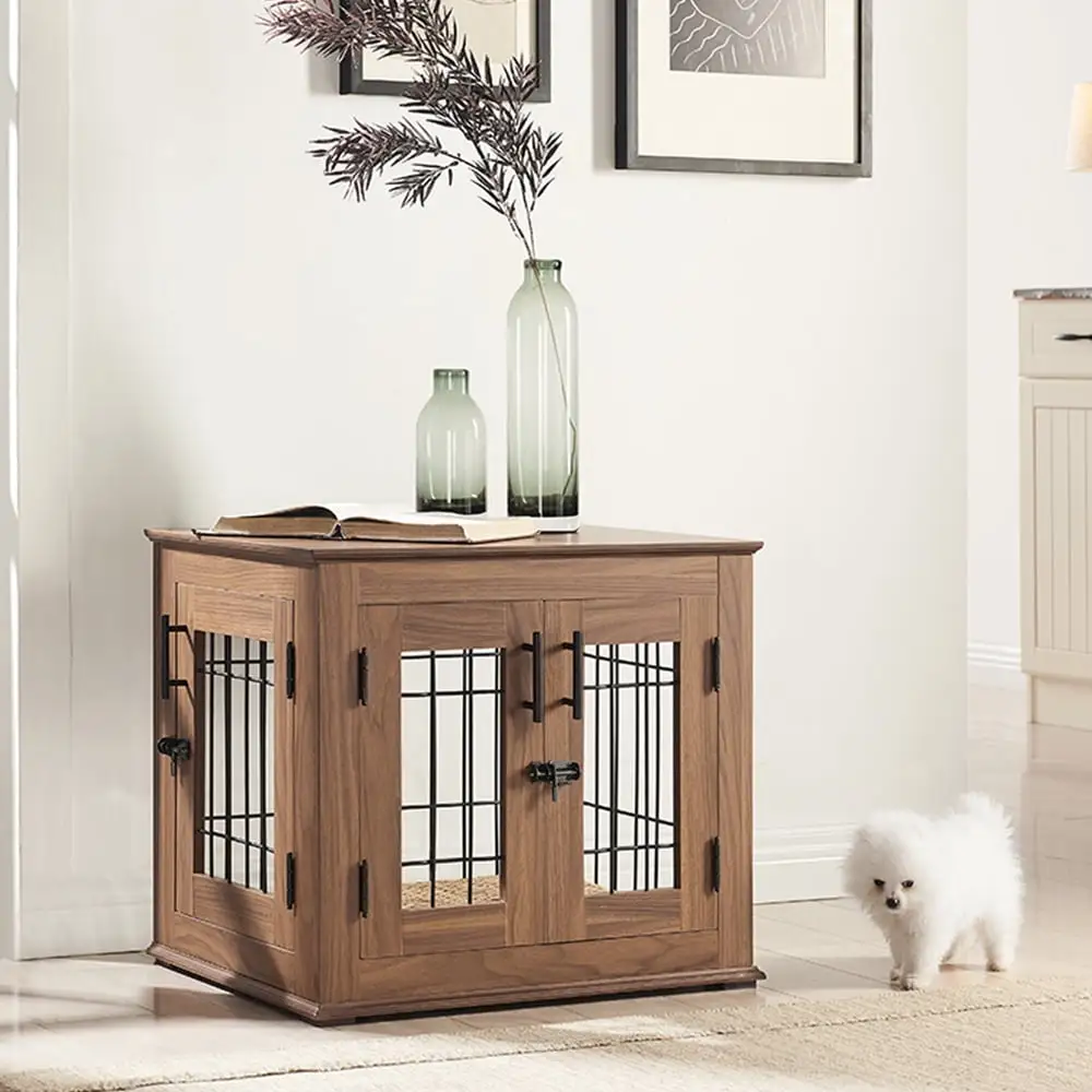 Unipaws Dog Crate Furniture. Double Doors Wooden Wire Dog Kennel with Pet Bed. Small Dog Crate