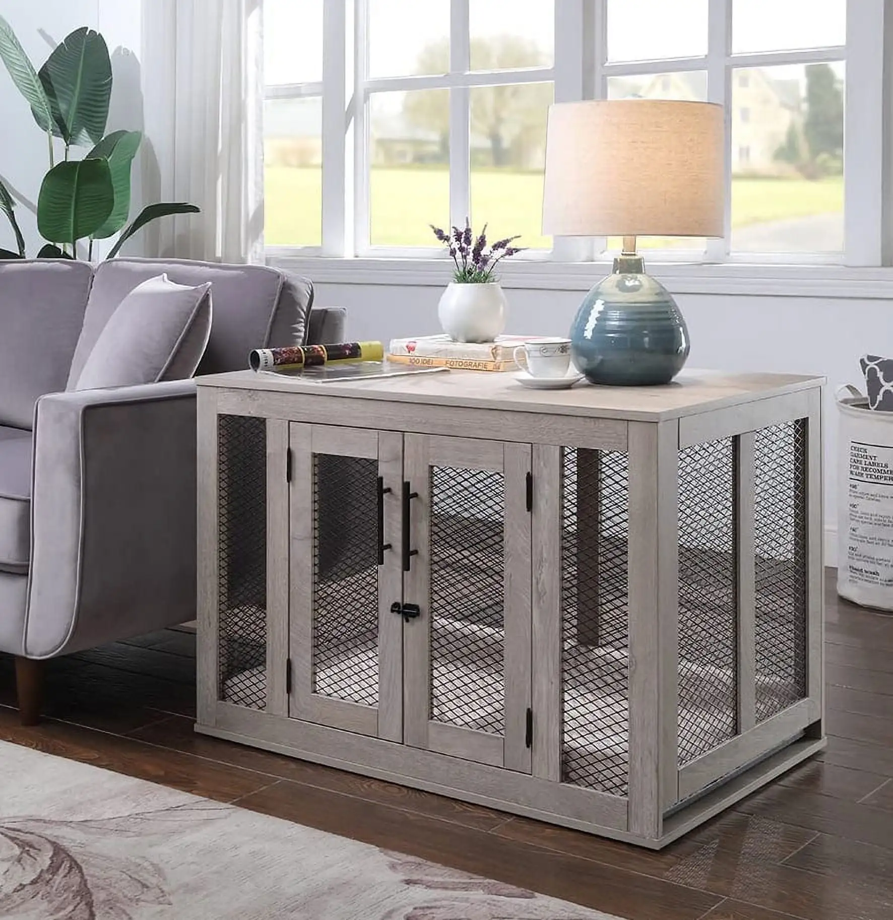 Unipaws Dog Crate Furniture with Cushion and Tray. Metal Mesh Dog Kennels with Double Doors. Medium Pet Kennel End Table Indoor. Gray