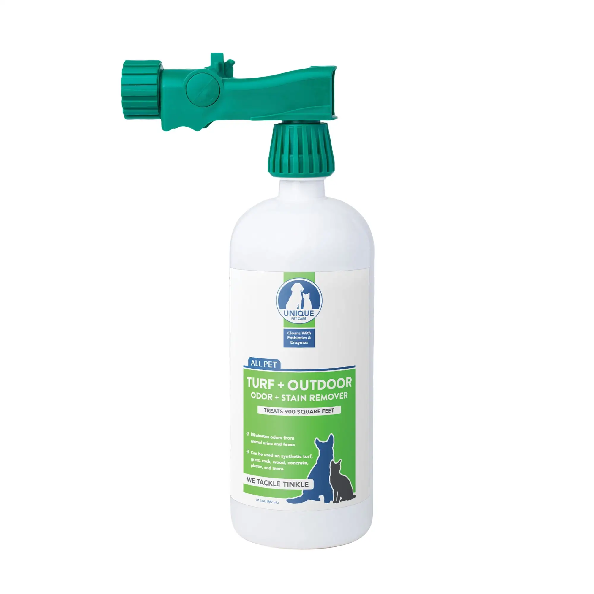 Unique Turf & Outdoor Odor and Stain Remover. 30 oz. Liquid Concentrate with Hose-Connector Bottle