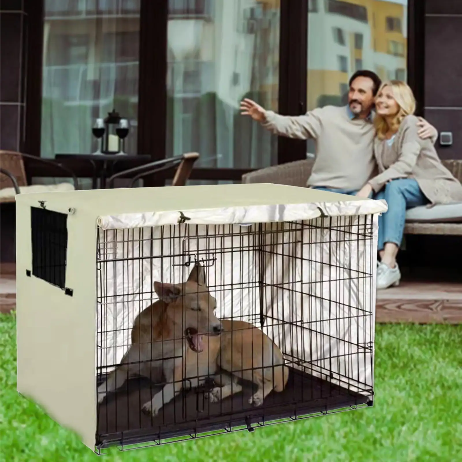 Universal Dog Playpen Cover with Sun/Rain Proof Top. Provide Shade and Security for Outdoor and Indoor. For Pet Beige