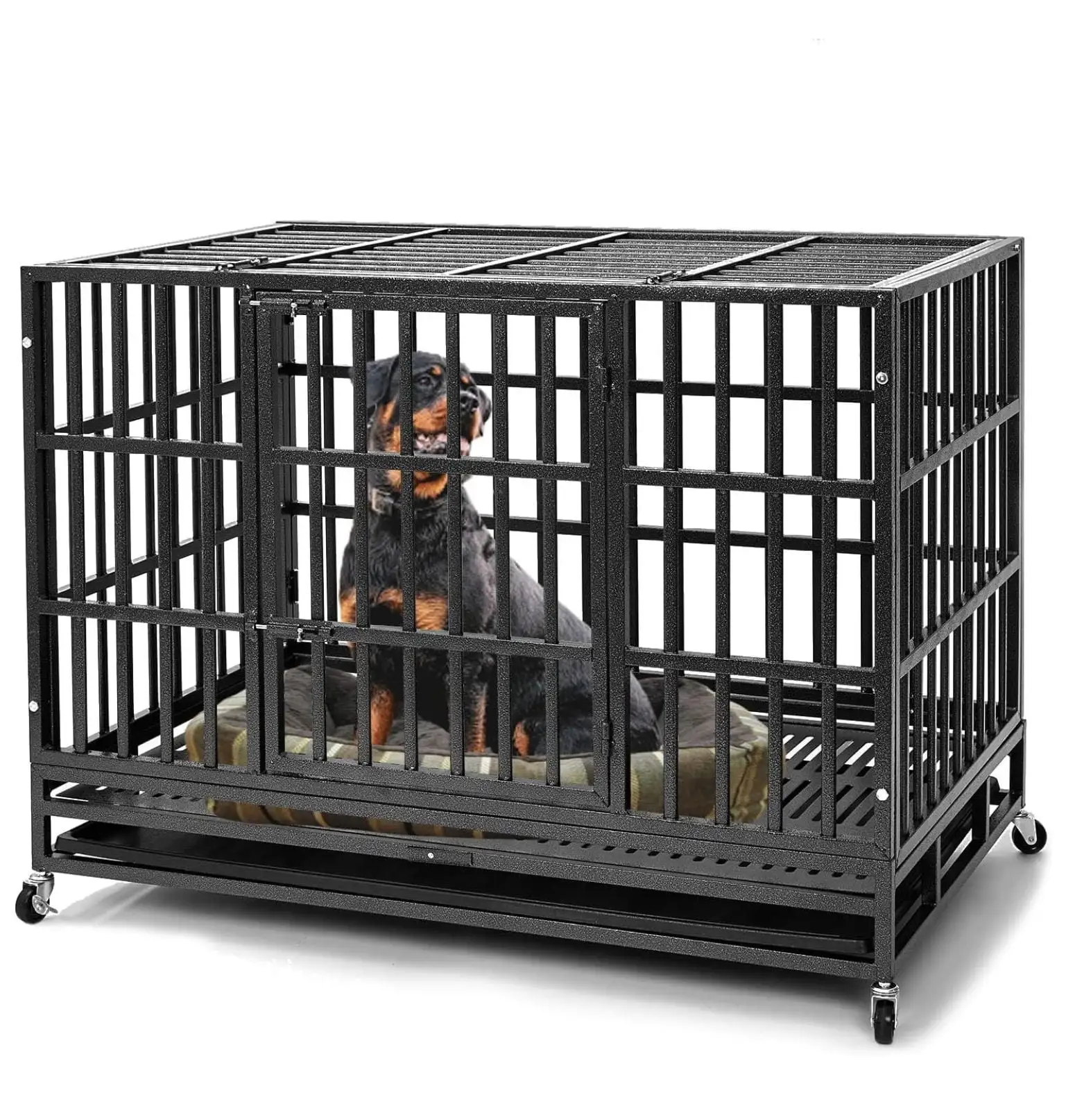 Upgrade Inch Heavy Duty Indestructible XL Dog Crate Steel Escape Proof. Indoor Double Door High Anxiety Cage. Kennel with Wheels. Removable Tray. Extra Large XL XXL