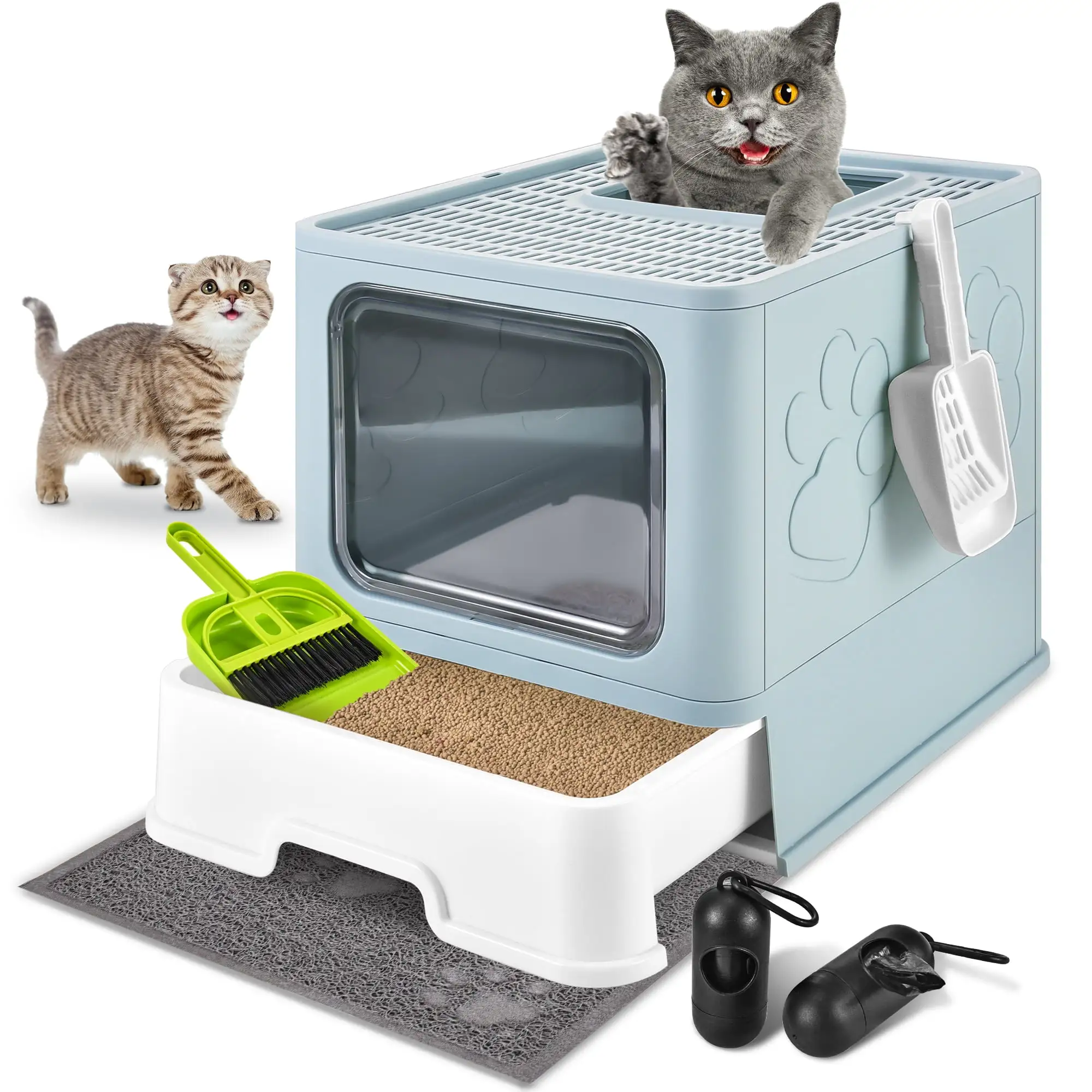 Upgraded Extra Large Cat Litter Box With Scoop. Plastic Standard Enclosed Litter Box. Upgraded Adjustable Door Cat Litter Box With Enlarged Drawer .Light Blue