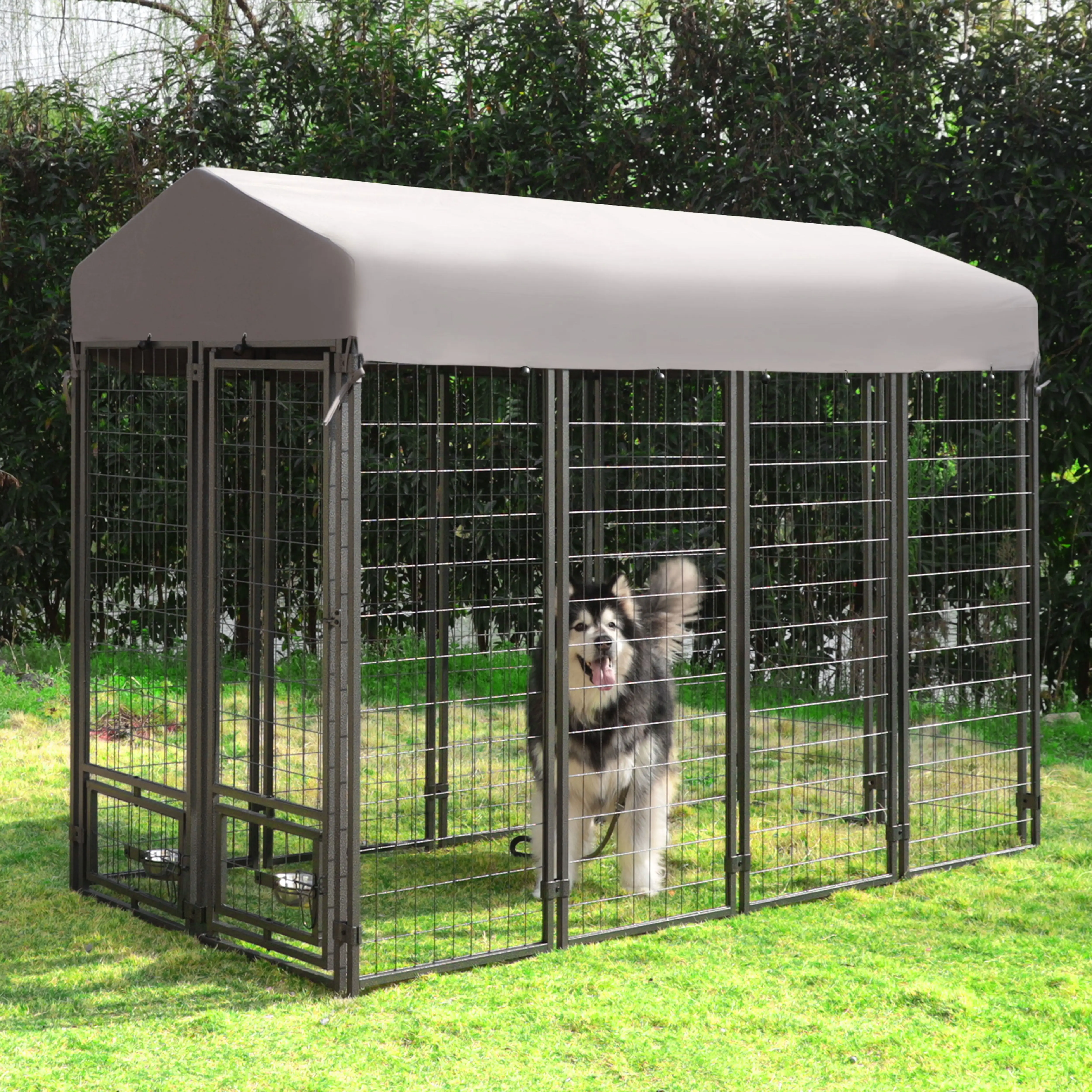 VEIKOUS 8' x 4' Outdoor Dog Kennel Large Fence Pets Cage w/Dual Dog Bowls & Rotate Doors for Backyard