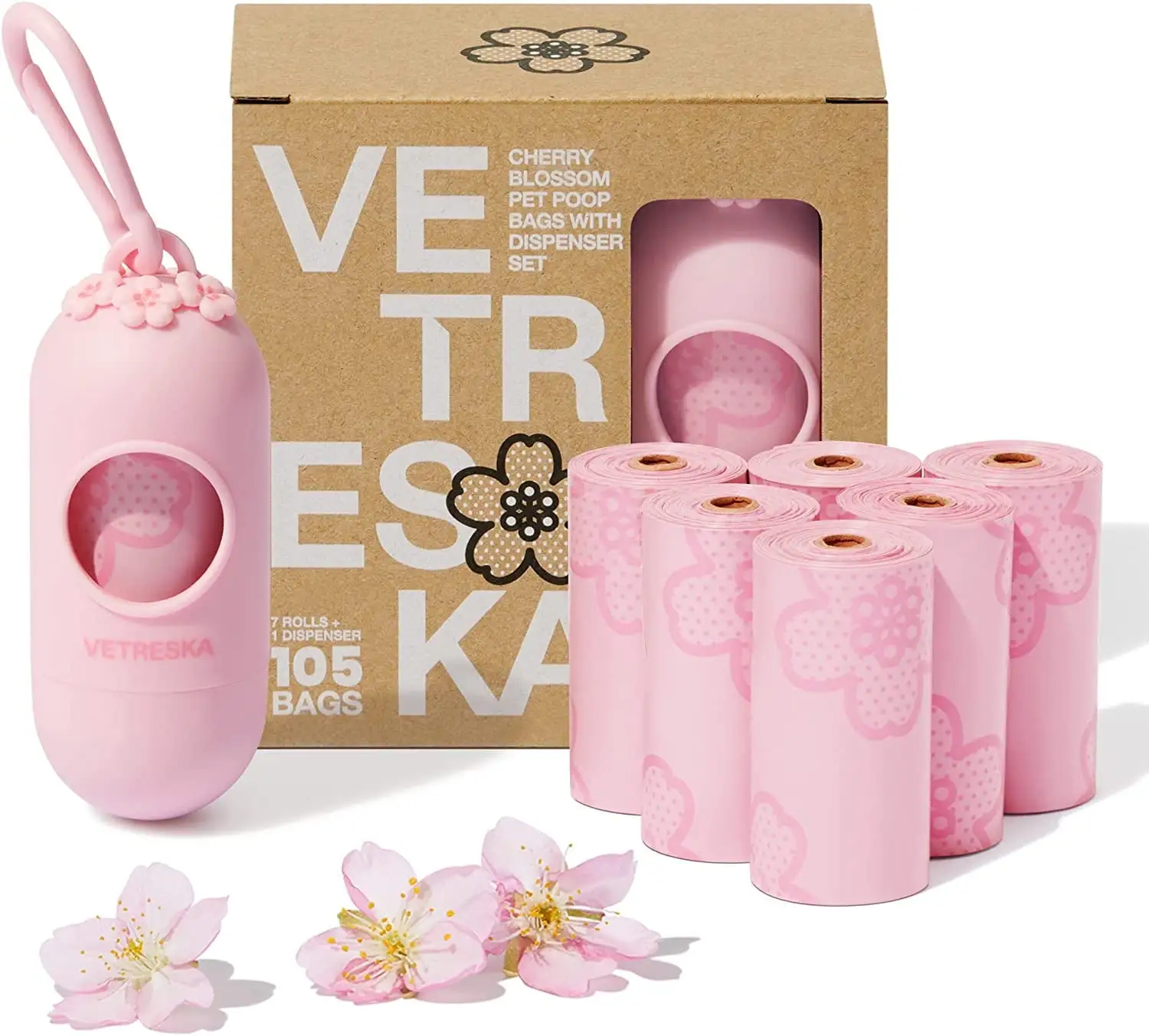 VETRESKA Dog Poop Bag Dispenser Holder with Cherry Blossom Scented Pink Pet Waste Bag with 105 Bags