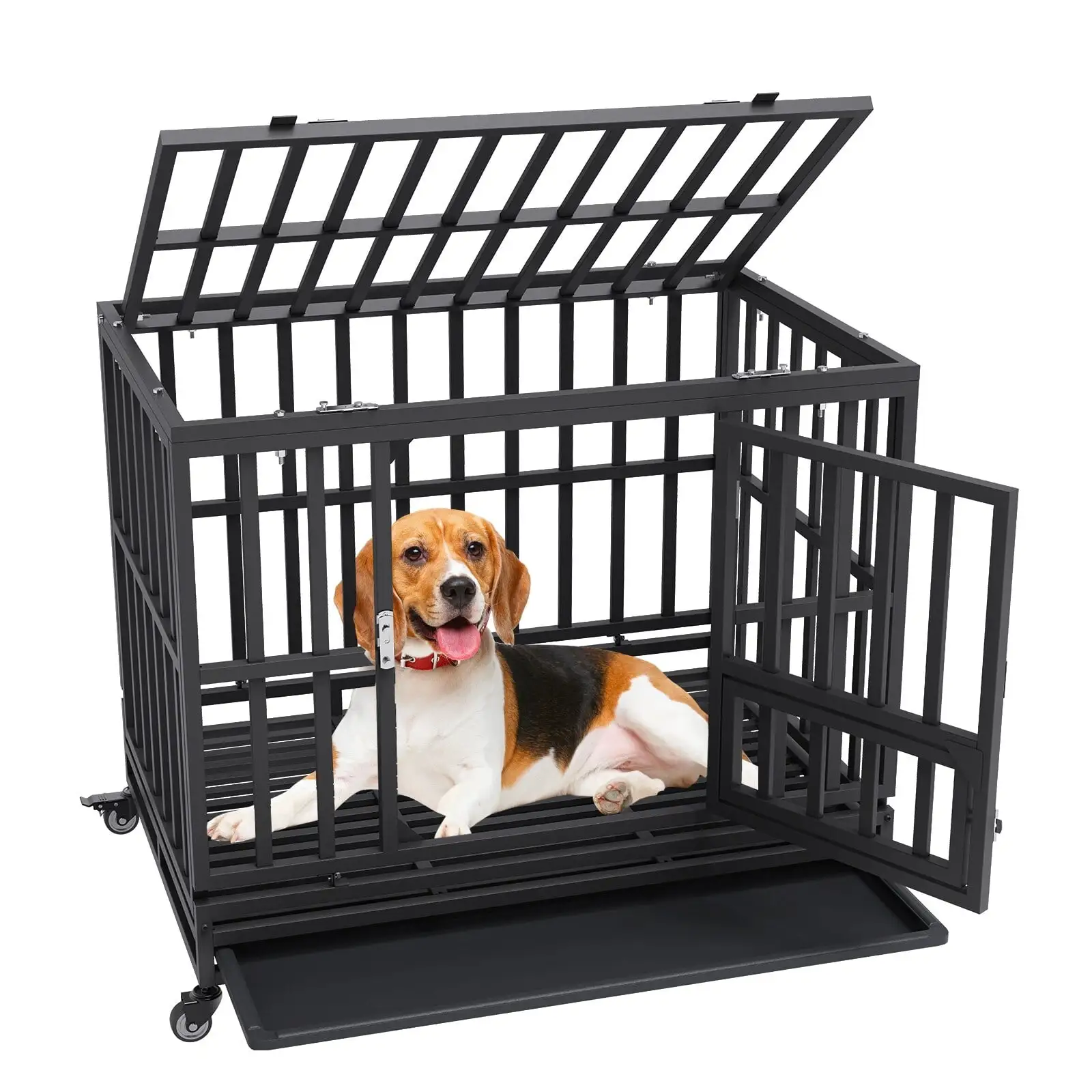 VEVOR 3-Door Heavy Duty Dog Crate for Indoor & Outdoor with Lockable Wheels and Removable Tray 37.4*25.6*31.9inches