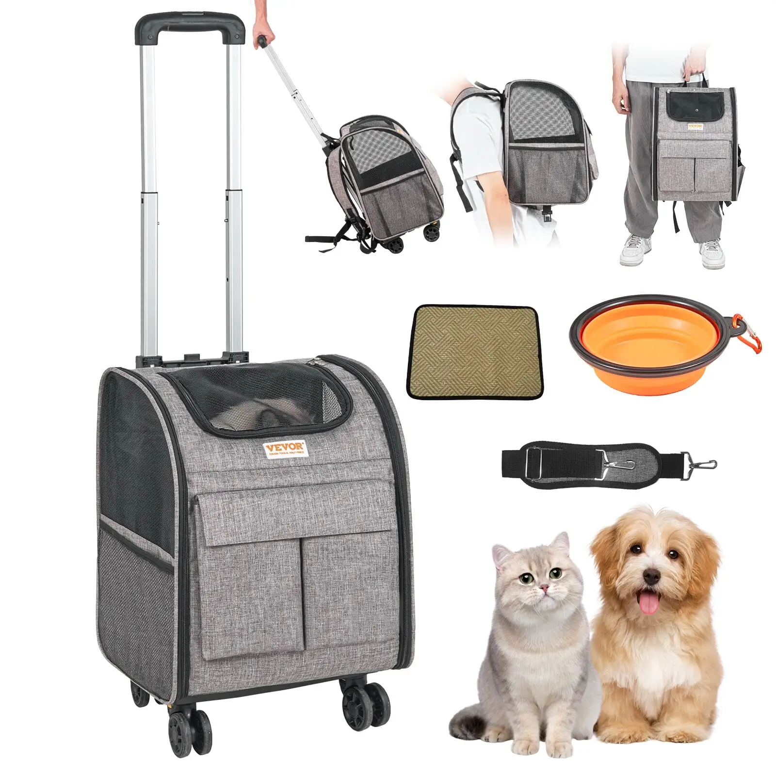 VEVOR Cat Carrier with Wheels Rolling Pet Carrier with Telescopic Handle and Shoulder Strap 0-18LBS