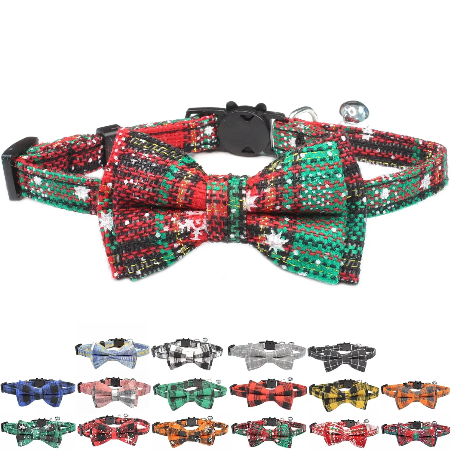 VINIPET Breakaway Cat Collar with Bow Tie and Bell for Small Med Cat (Christmas Red & Green)