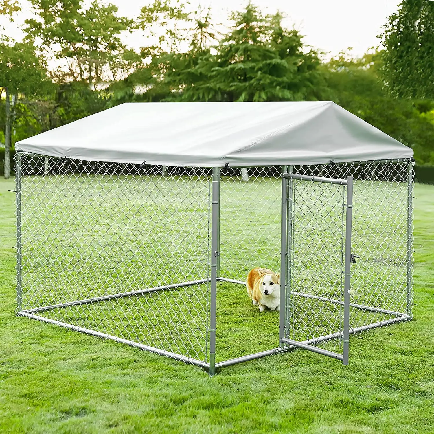 VIVIJASON Outdoor Large Dog Kennel Heavy Duty Fence Dog Cage with Galvanized Chain Link. Outside Pen Playpen Dog Run House with UV & Waterproof Cover and Secure Lock for Backyard