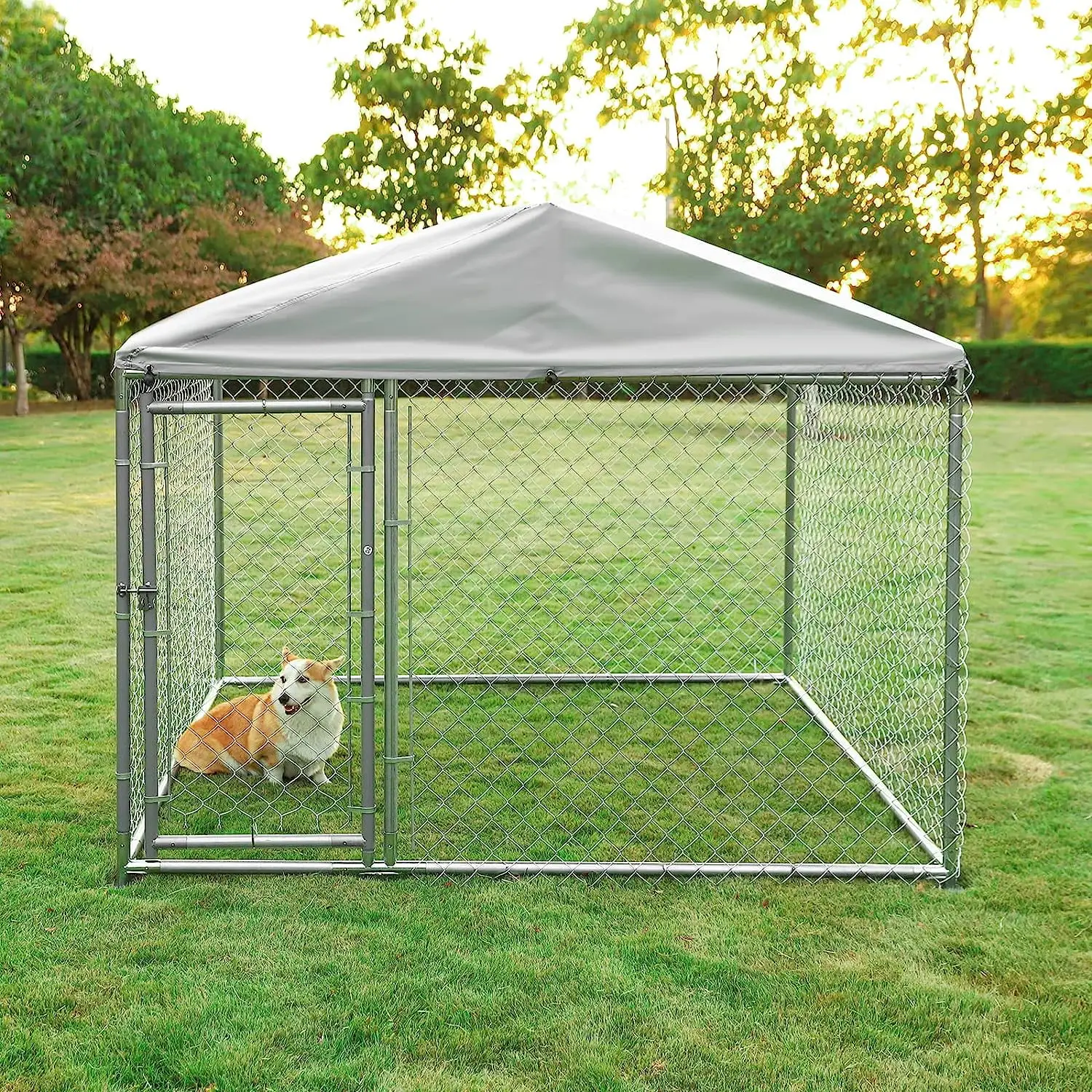 VIVIJASON Outside Dog Run House Pet Enclosure. Large Outdoor Dog Kennel with Galvanized Chain Link. Heavy Duty Pet Fence Cage with Fully Enclosed UV-Resistant Oxford Cloth Roof & Secure Lock