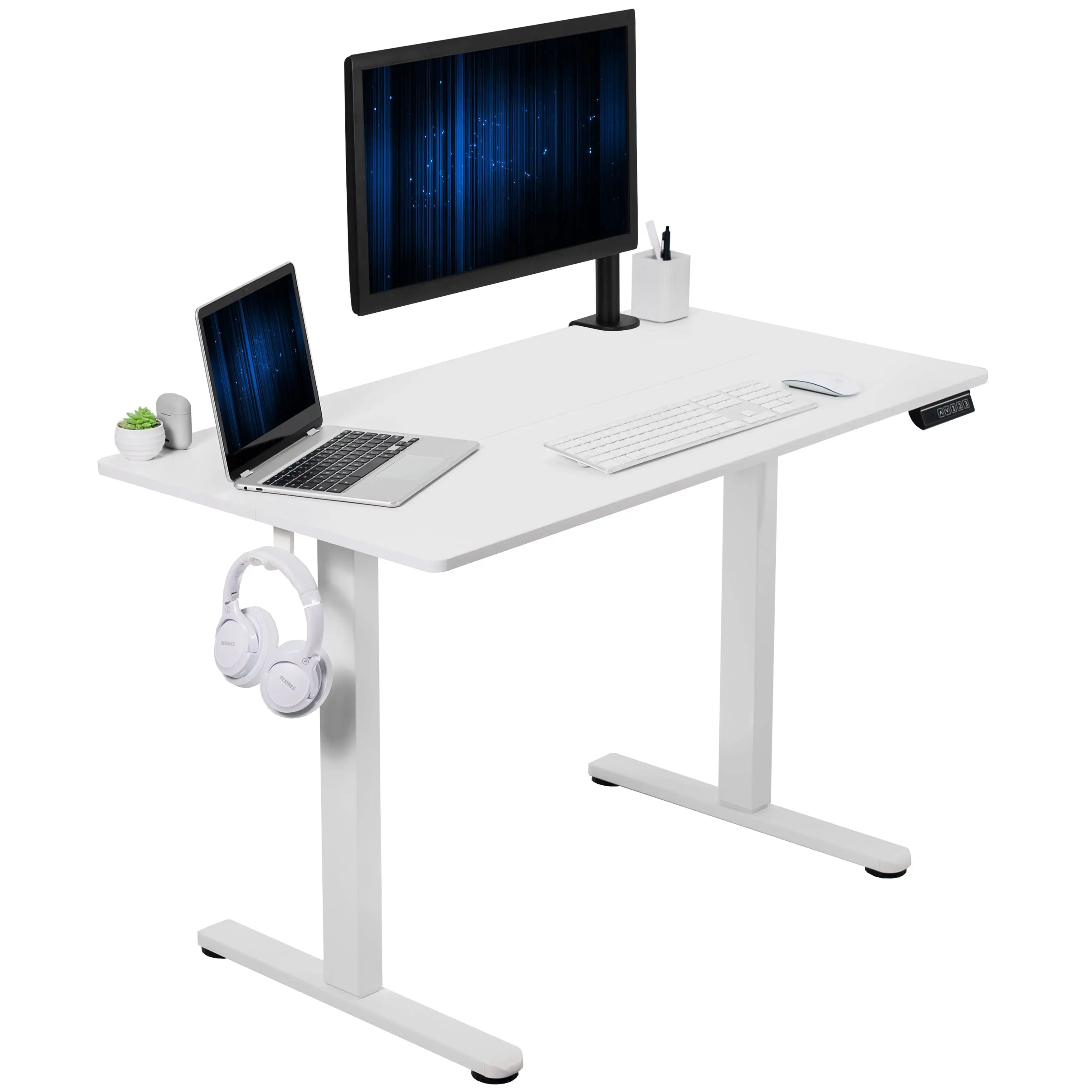 VIVO White 44 x 24 Electric Sit Stand Desk. Height Adjustable Workstation