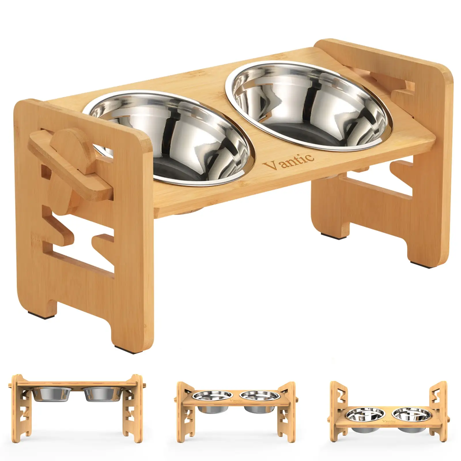 Vantic Elevated Dog Bowls-Adjustable Raised Dog Bowls with Stand for Small Size Dogs and Cats.Durable Bamboo Dog Feeder with 2 Stainless Steel Bowls and Non-Slip Feet